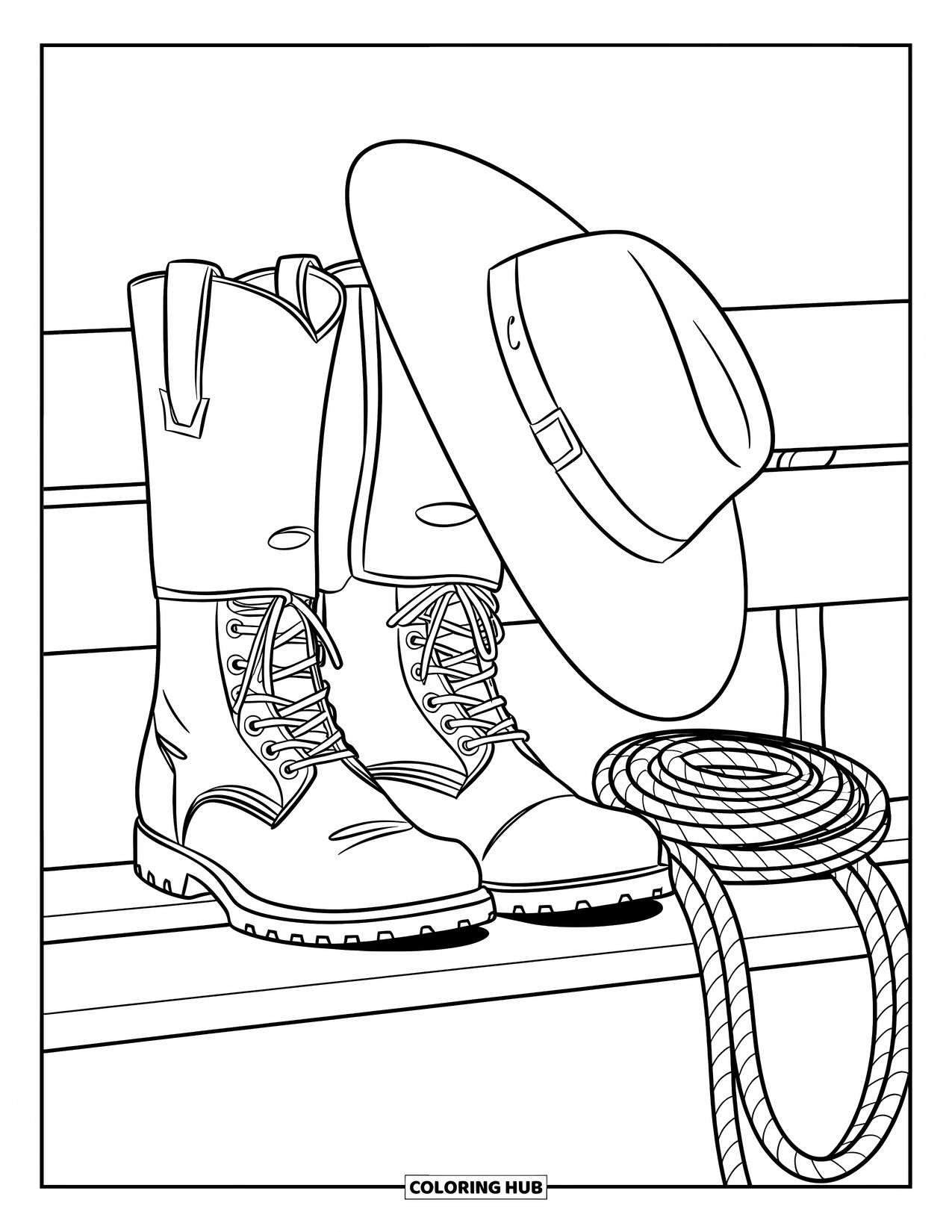 Rodeo Coloring Page for Kids: Close-up of boots, hat, gloves, and coiled rope resting on a weathered bench