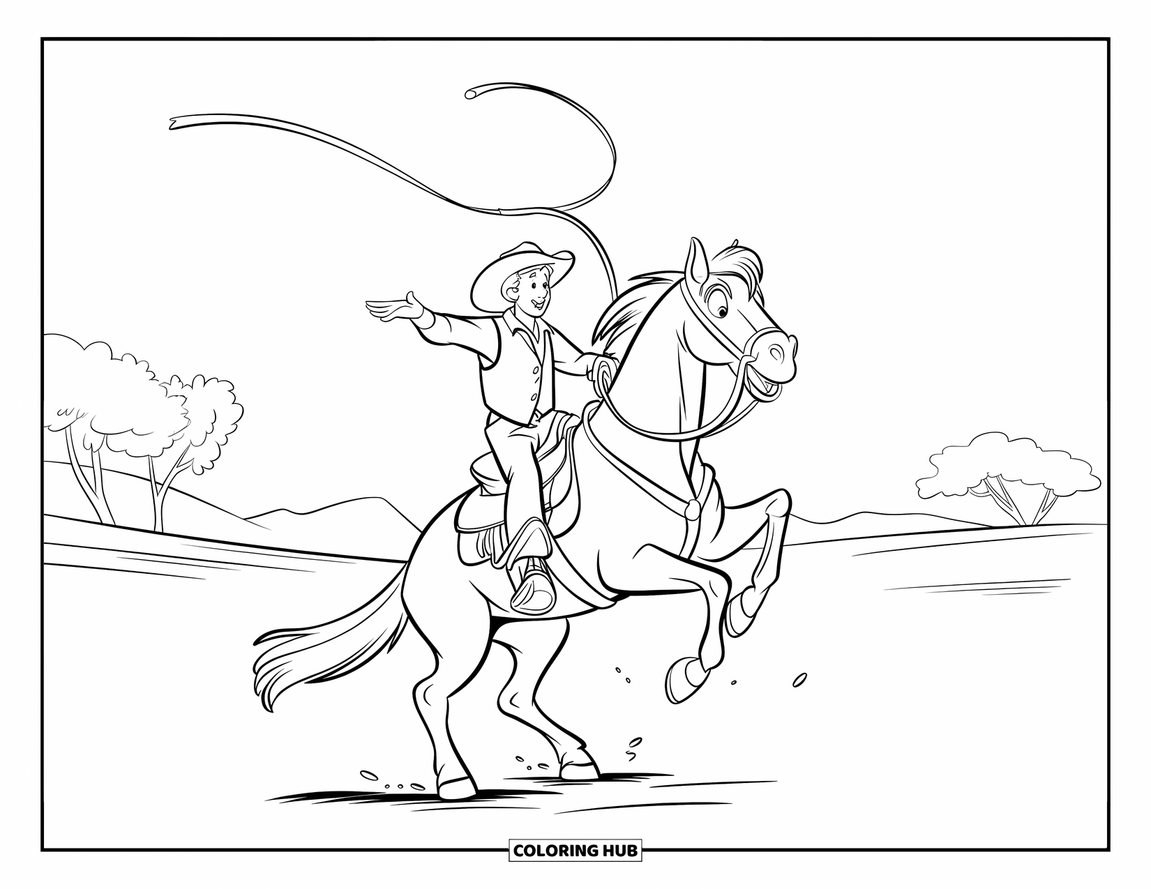 Rodeo Coloring Page for Kids: Cowboy balancing on a wild bronco with flying reins in open dusty land