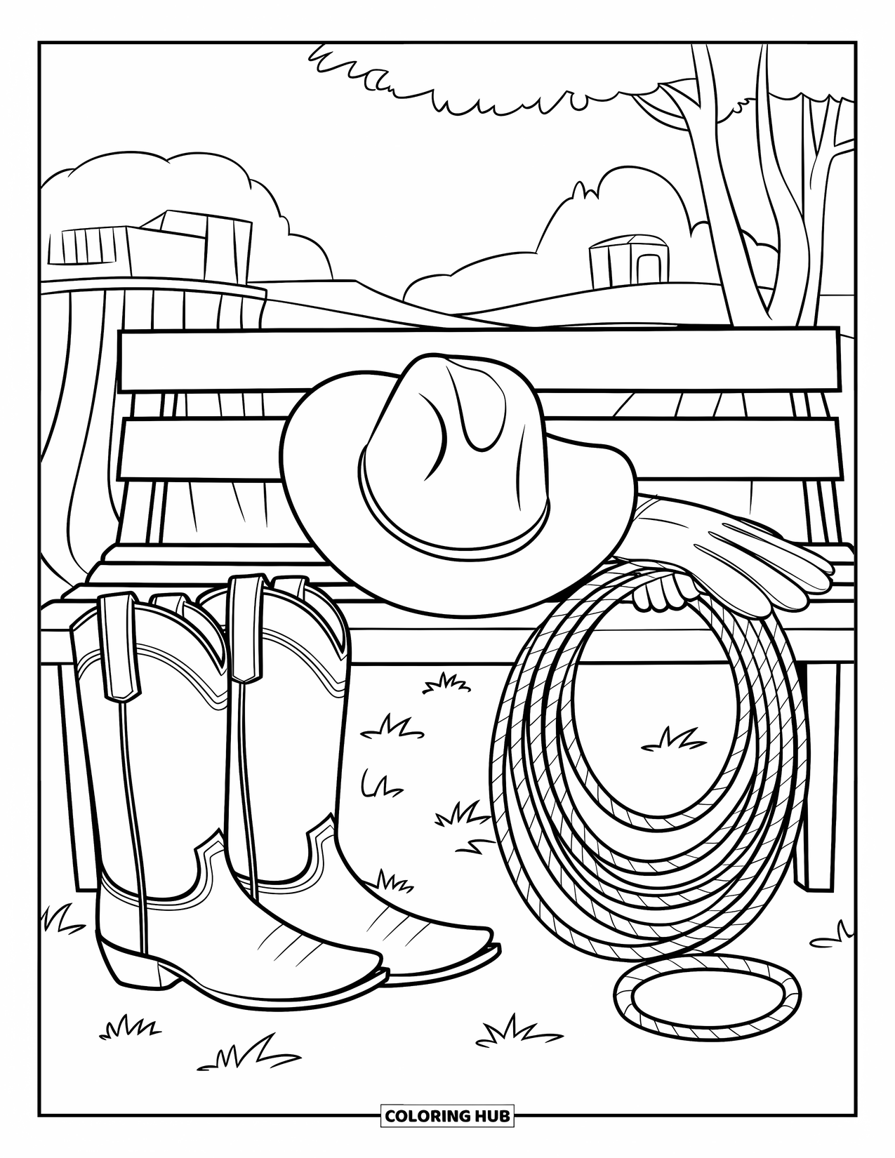 Rodeo Coloring Page for Kids: Cowboy gear on a bench with boots on ground and trees in background