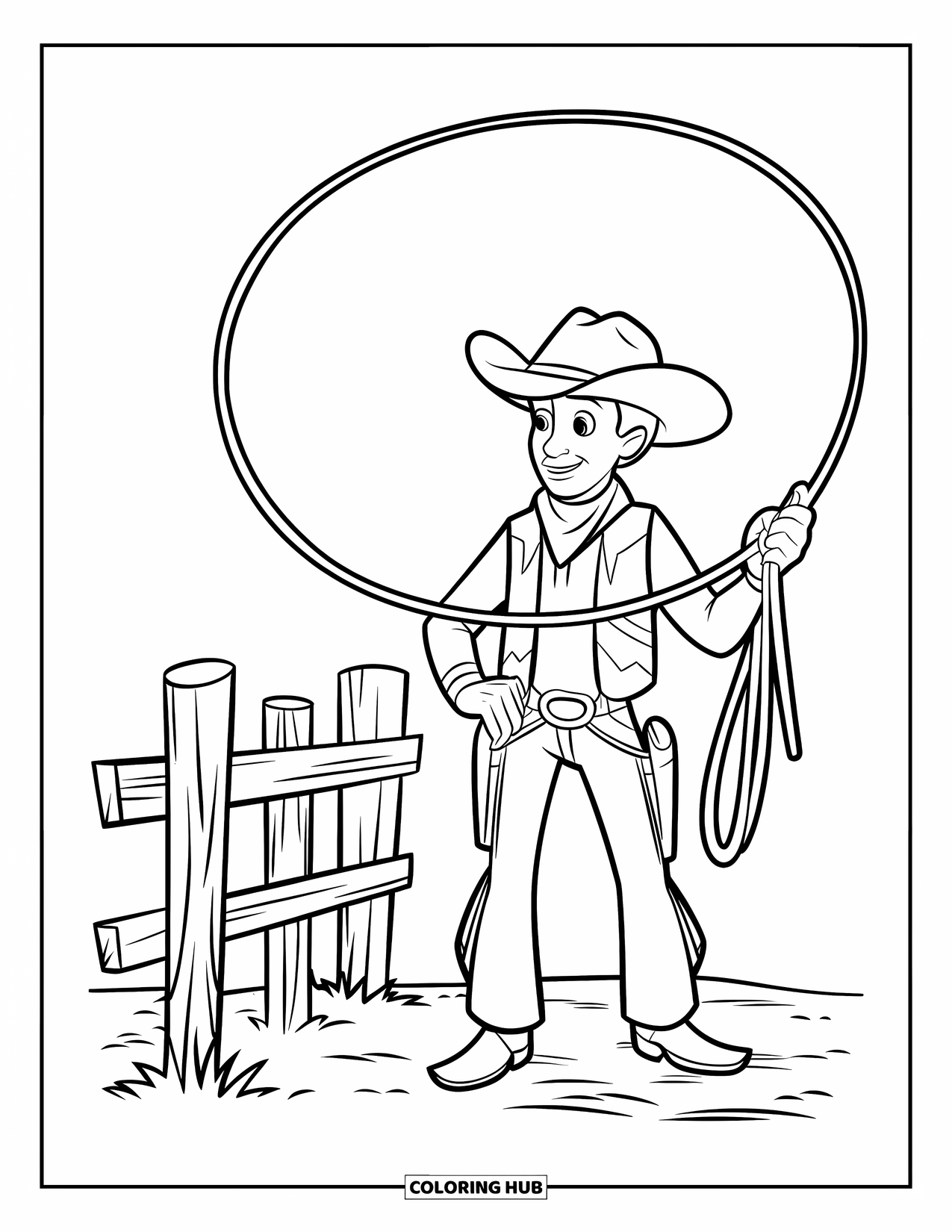 Rodeo Coloring Page for Kids: Cowboy holding lasso stands by wooden fence outdoors
