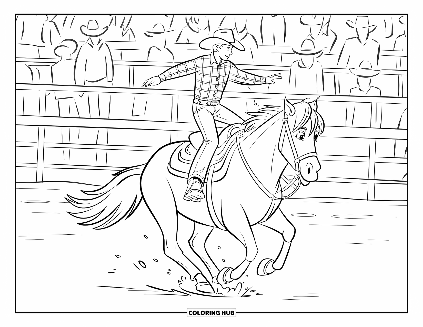 Rodeo Coloring Page for Kids: Cowboy on galloping bronco with flying reins in a busy rodeo arena