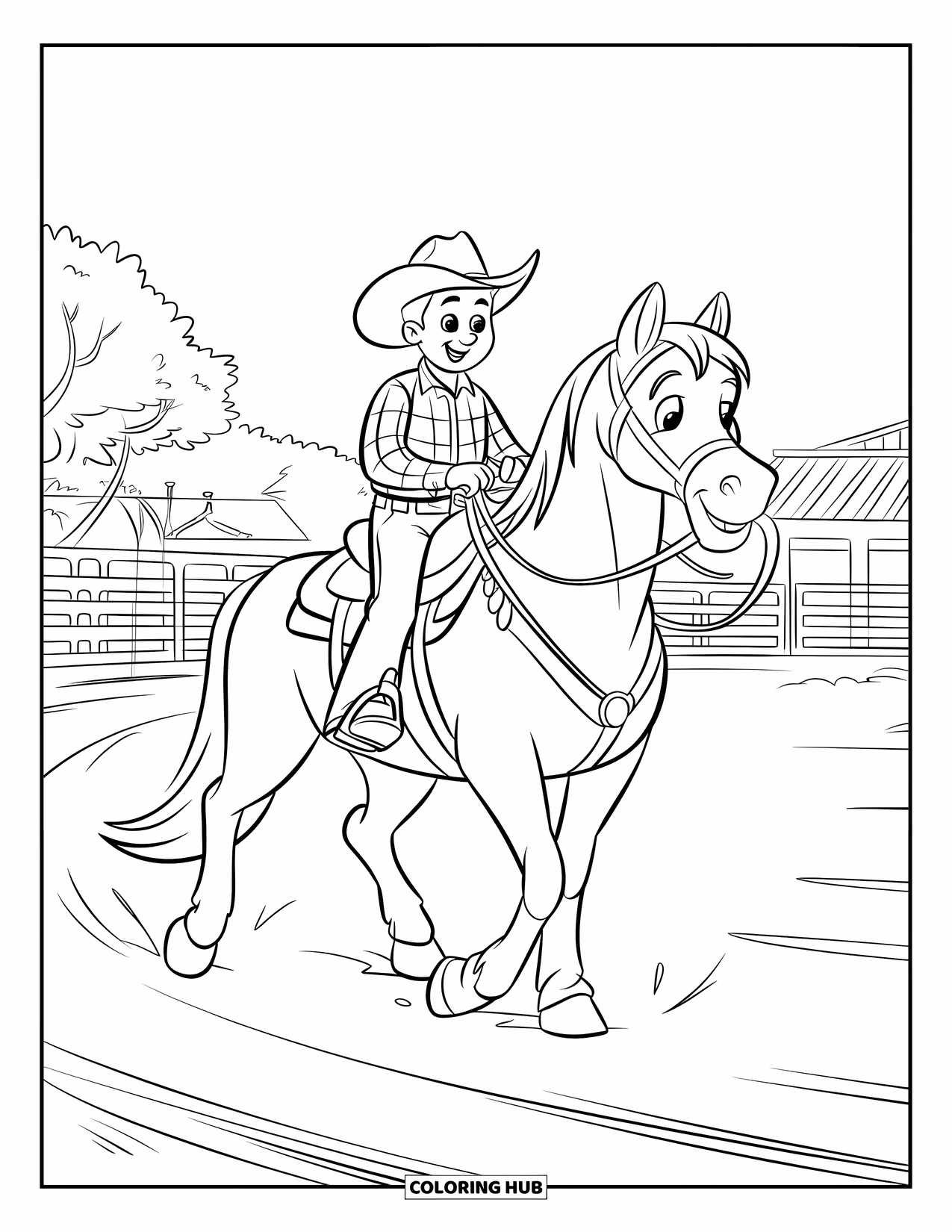 Rodeo Coloring Page for Kids: Cowboy rides calm horse in arena with trees and building