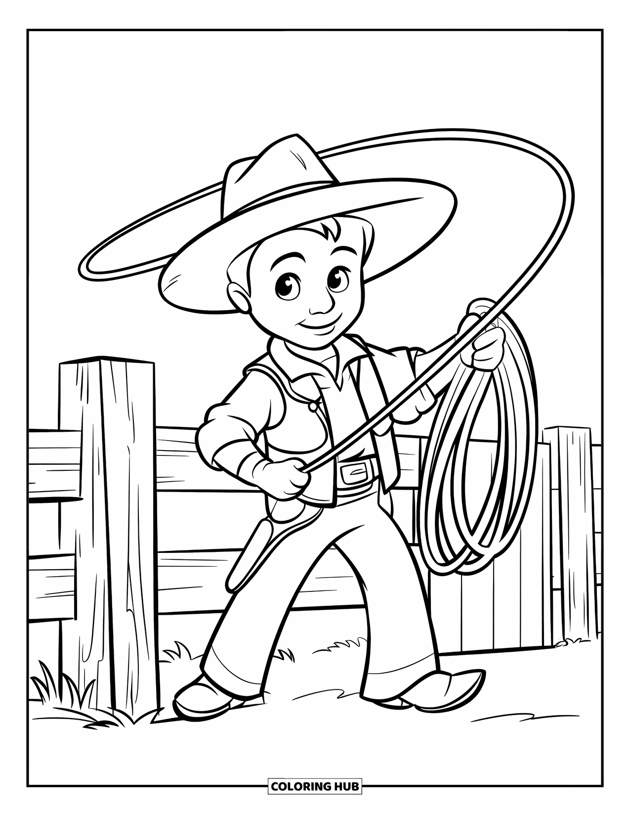 Rodeo Coloring Page for Kids: Cowboy with lasso stands near small wooden fence