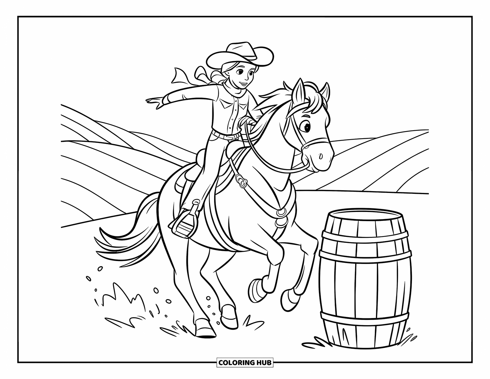 Rodeo Coloring Page for Kids: Cowgirl galloping around a barrel against rolling hills in a lively rodeo