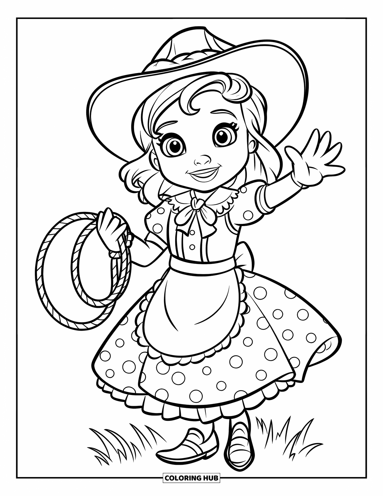 Rodeo Coloring Page for Kids: Cowgirl in dress waves with rope in grassy field