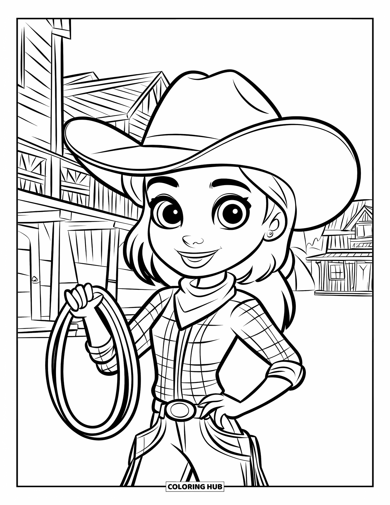 Rodeo Coloring Page for Kids: Cowgirl in hat waves with rope in western town