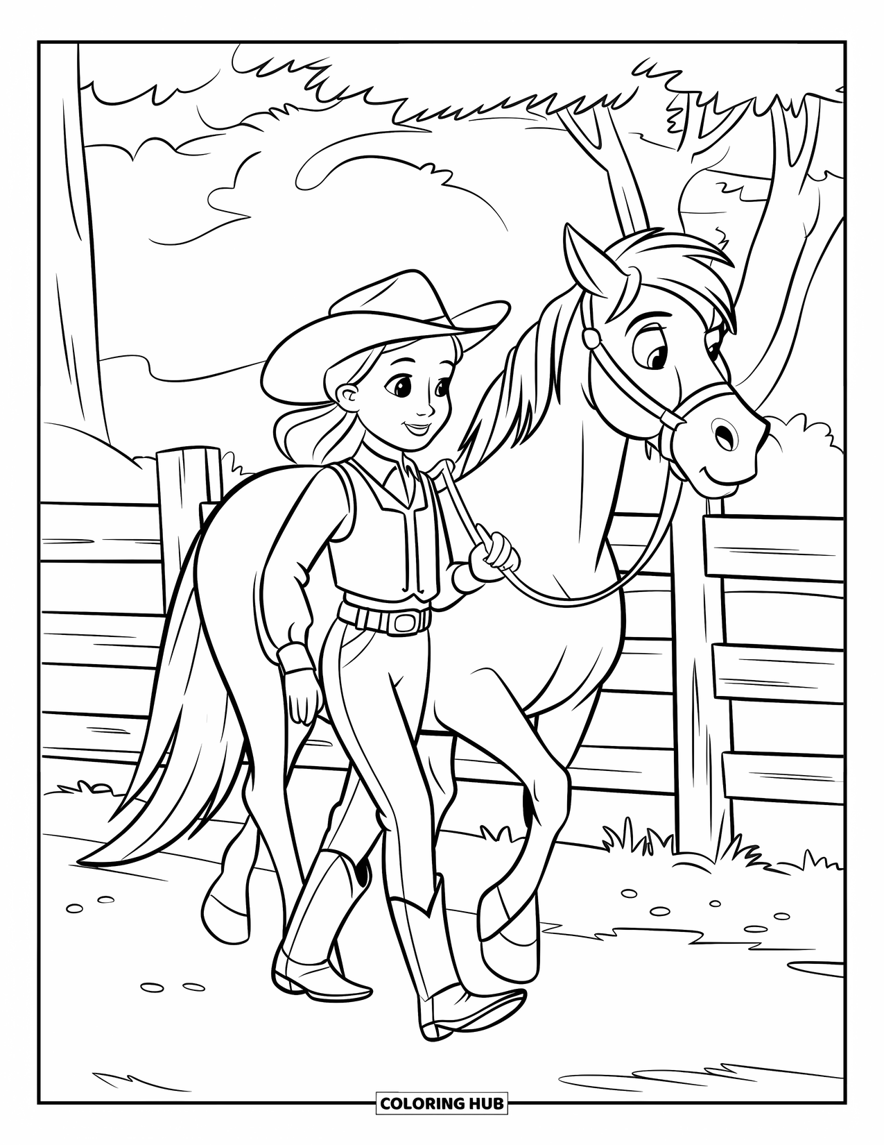 Rodeo Coloring Page for Kids: Cowgirl in vest walking her pony by a wooden fence and trees