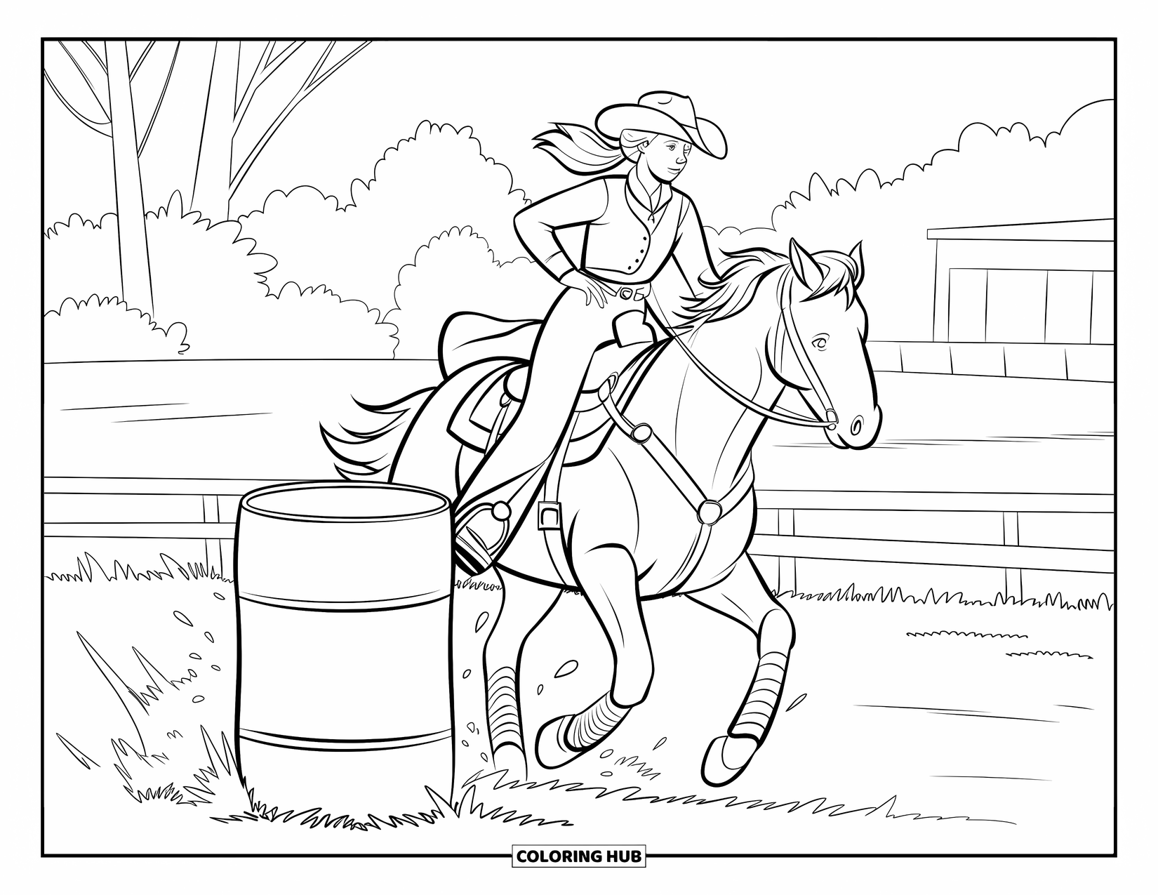 Rodeo Coloring Page for Kids: Cowgirl on horseback rounding a barrel at full speed in grassy field