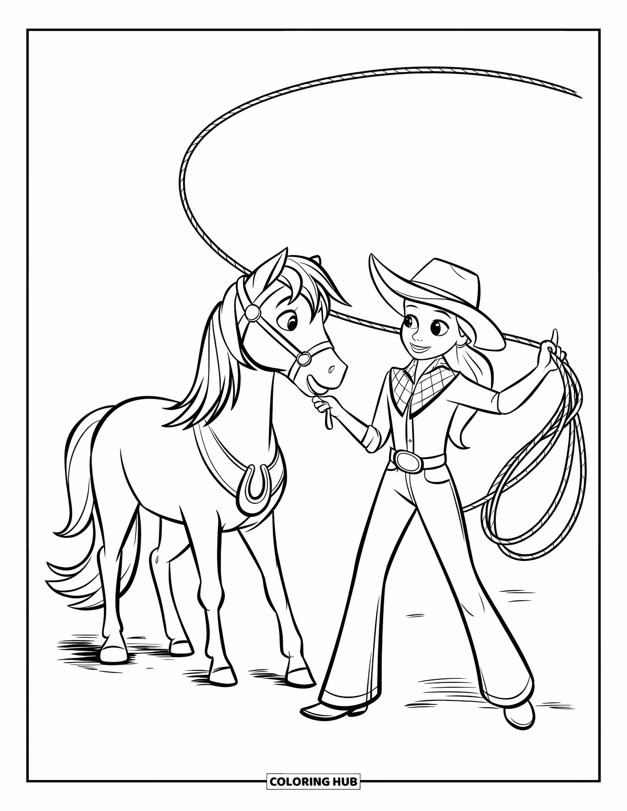 Rodeo Coloring Page for Kids: Cowgirl spins lasso beside pony in open field