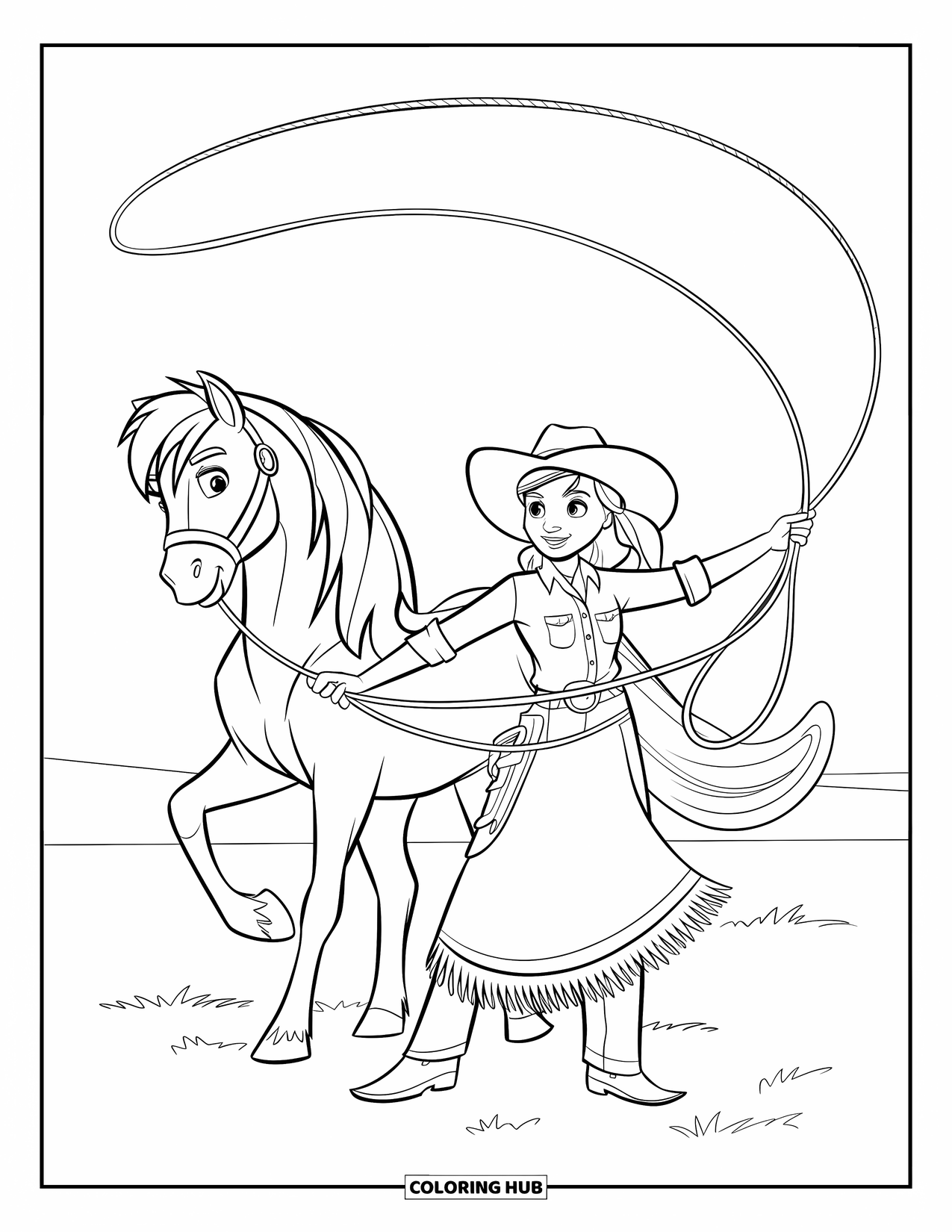 Rodeo Coloring Page for Kids: Cowgirl spins lasso next to pony in grassy field