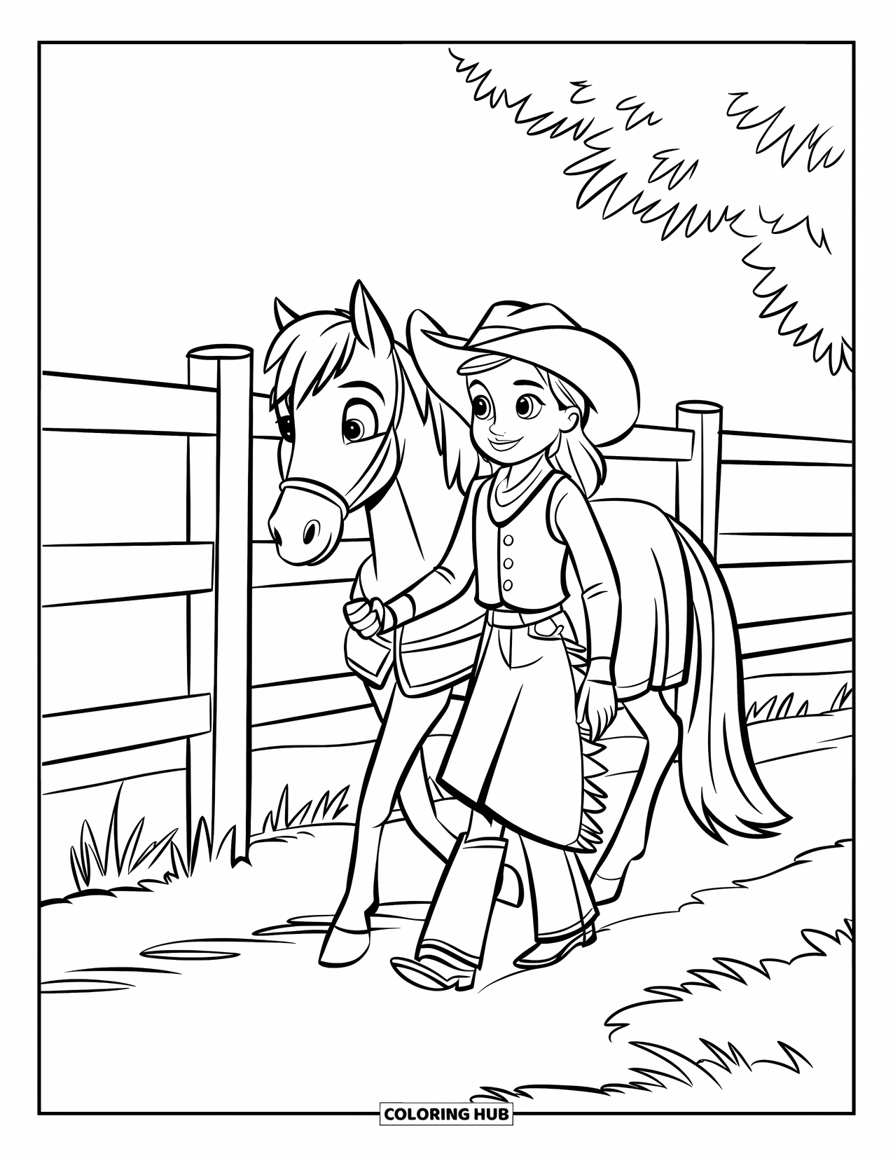 Rodeo Coloring Page for Kids: Cowgirl walking with pony near a fence in a wide-open field