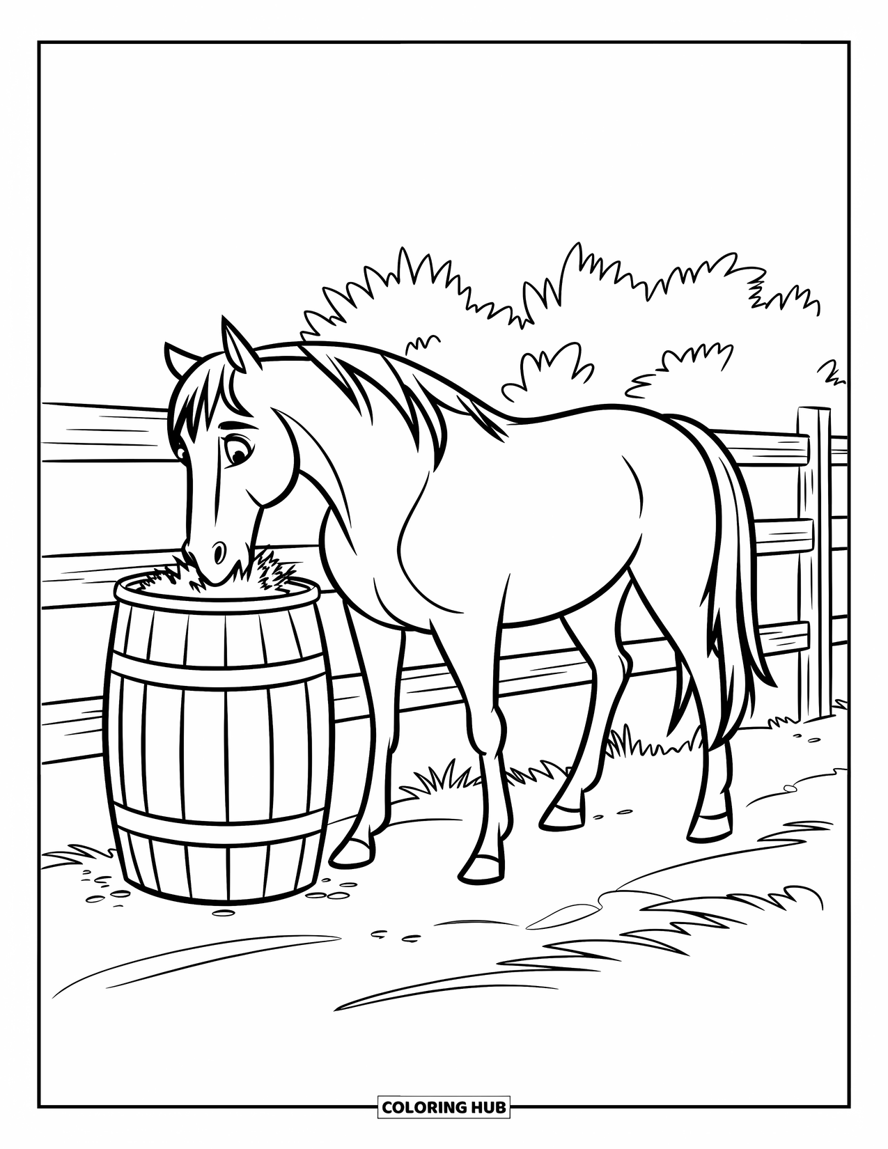 Rodeo Coloring Page for Kids: Horse eats hay from barrel beside wooden fence