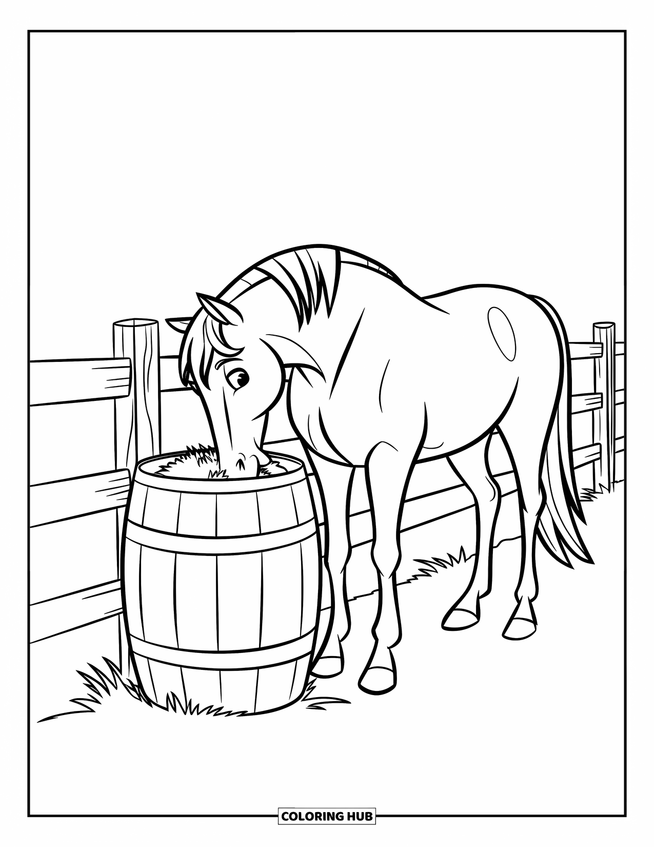 Rodeo Coloring Page for Kids: Horse eats hay near wooden fence with metal bars