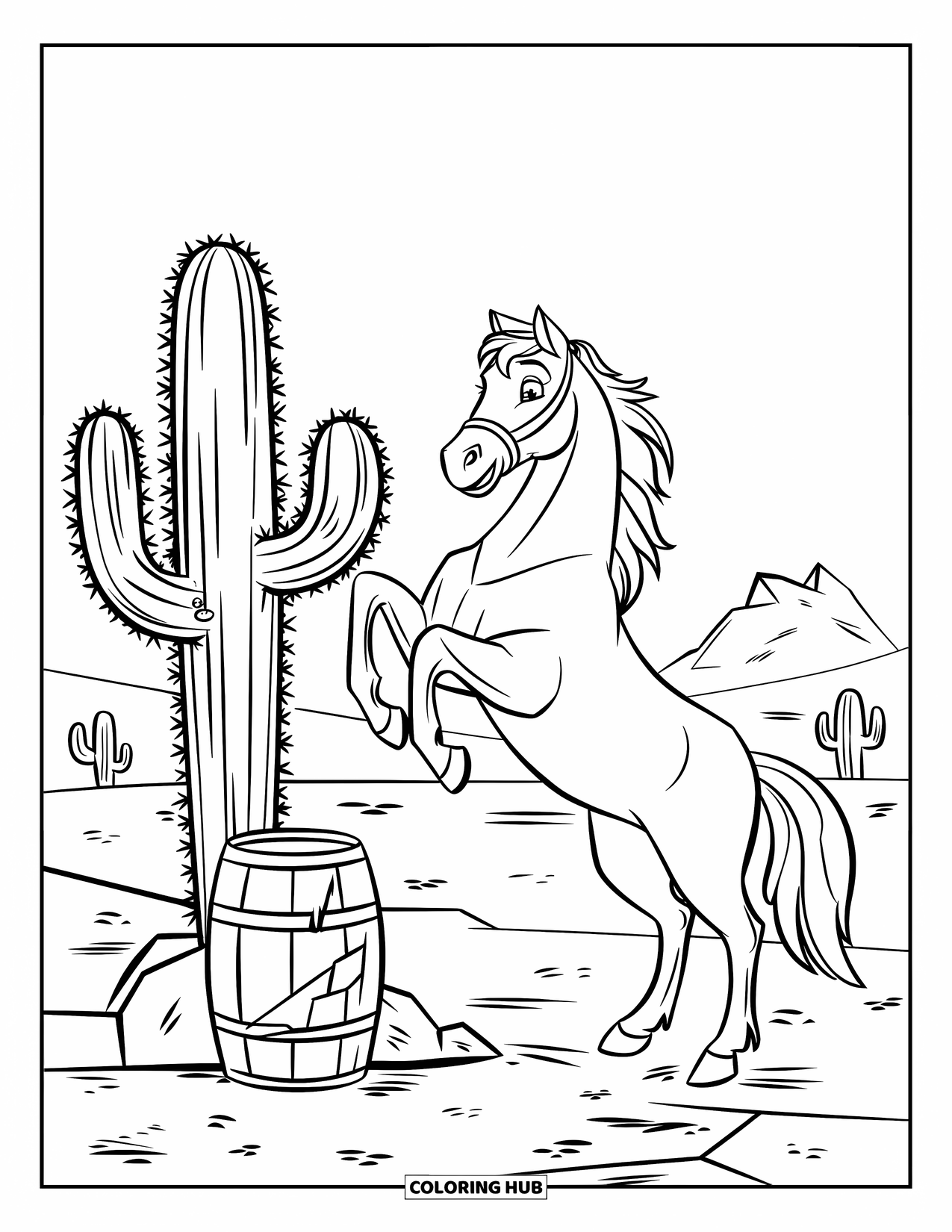 Rodeo Coloring Page for Kids: Horse rears near cactus and barrel on rocky desert terrain