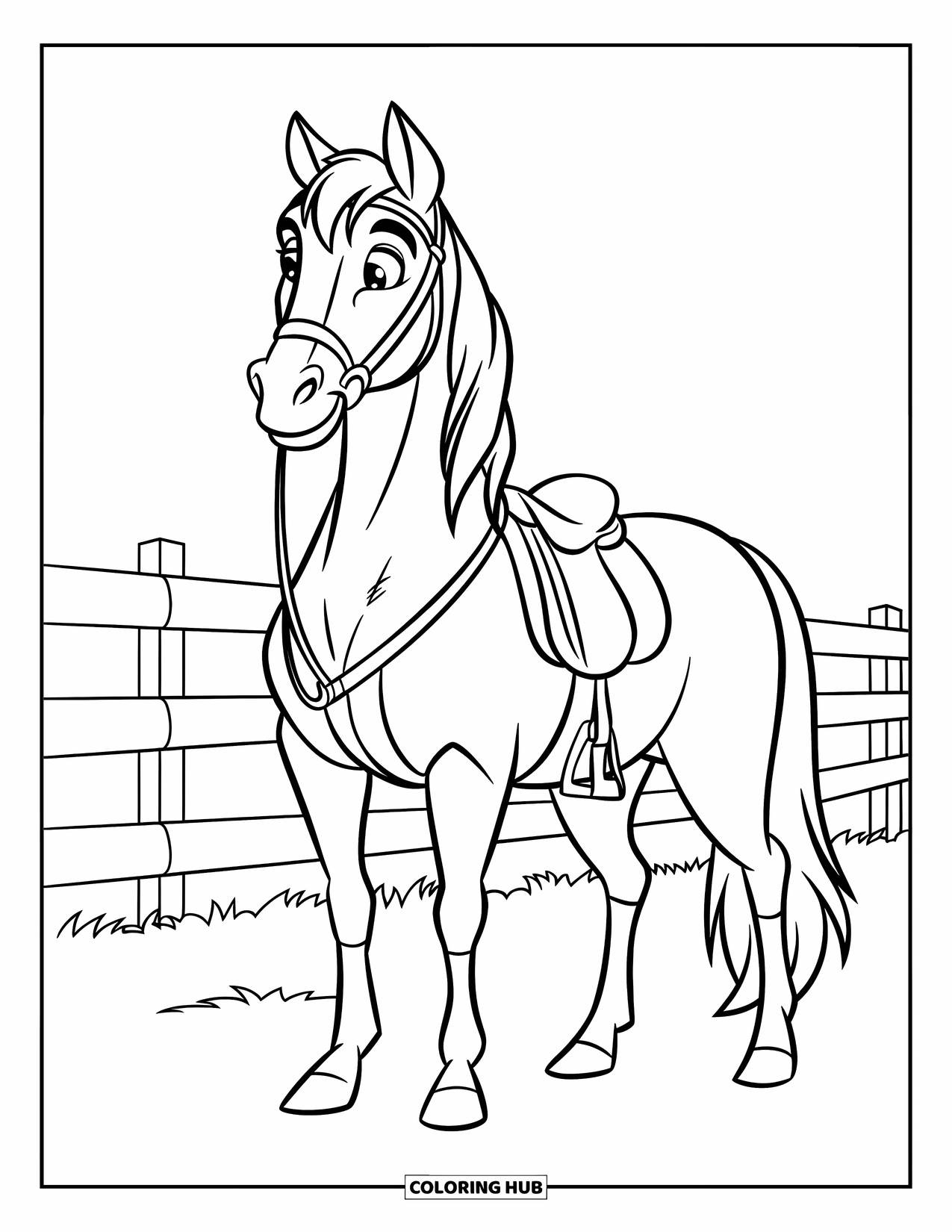 Rodeo Coloring Page for Kids: Horse saddled with reins stands near fence in field