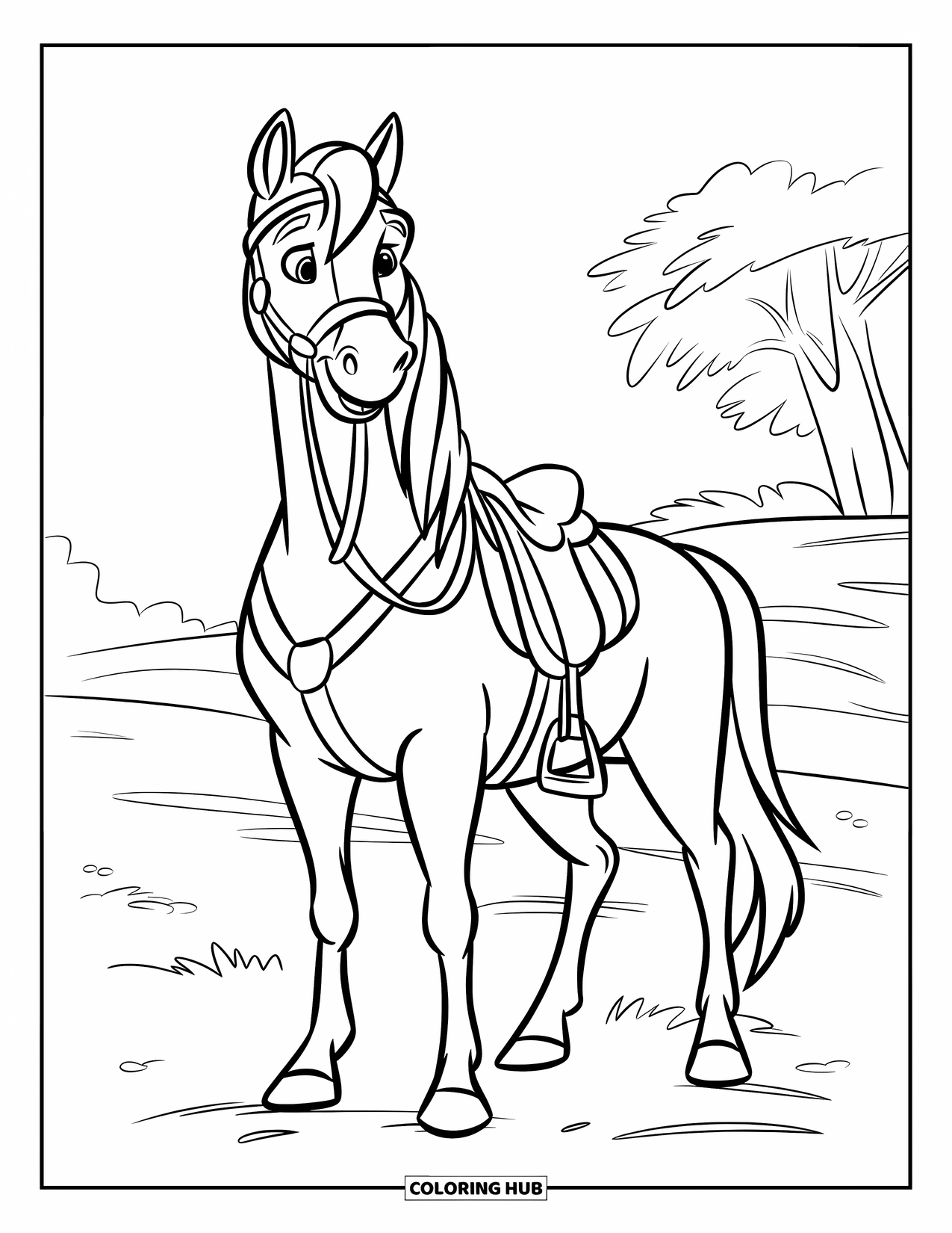 Rodeo Coloring Page for Kids: Horse with saddle and bridle stands on grassy terrain