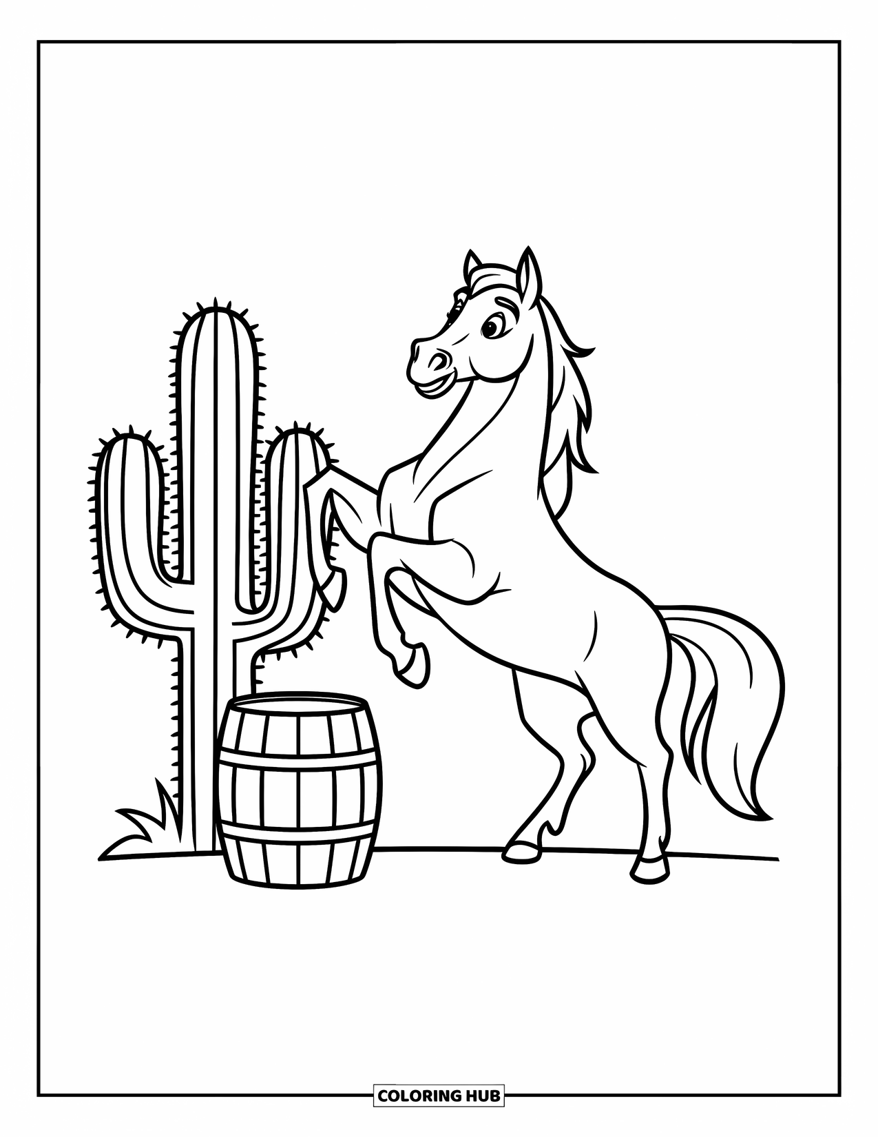 Rodeo Coloring Page for Kids: Rearing horse stands by cactus and barrel with no background