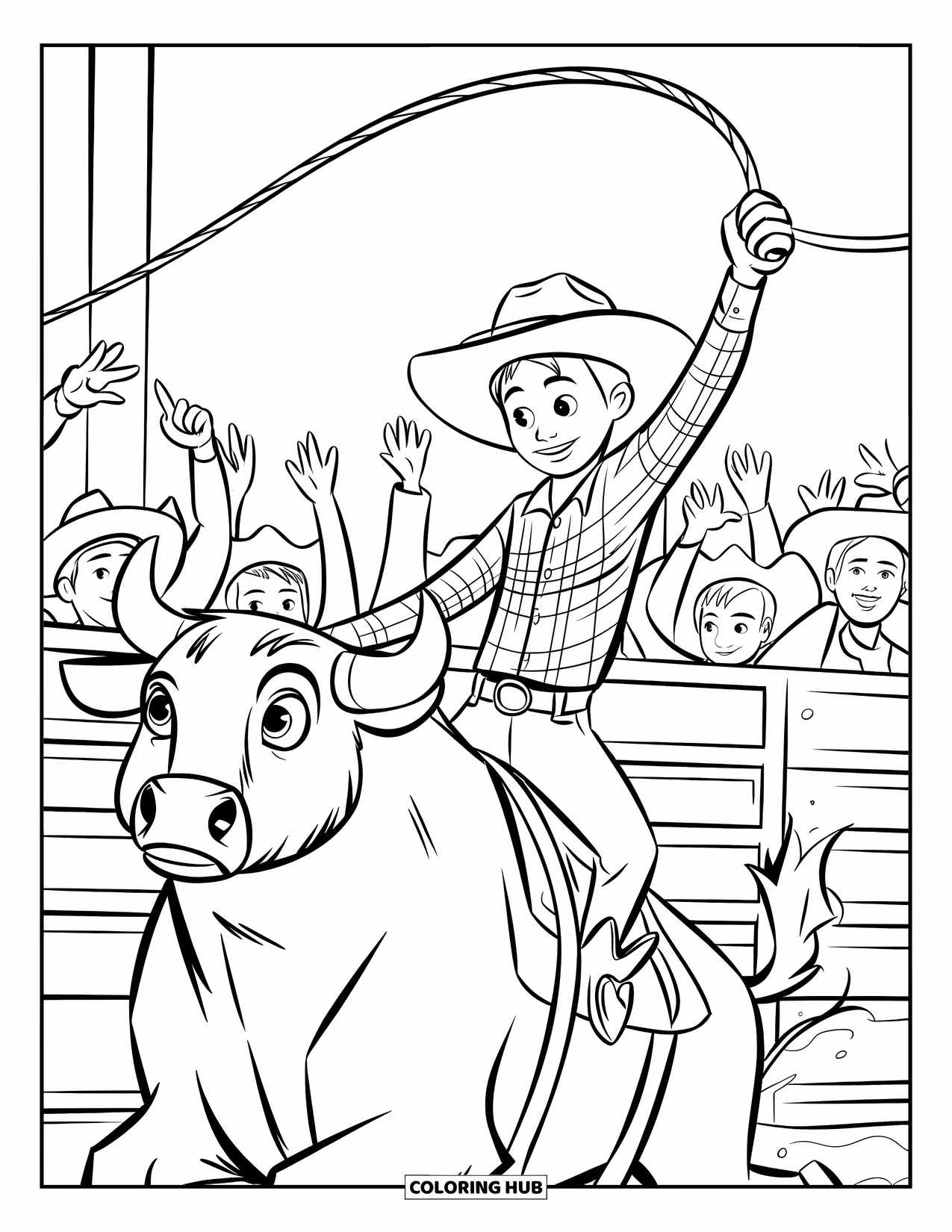 Rodeo Coloring Page for Kids: Rider in hat and plaid shirt on bull with waving crowd