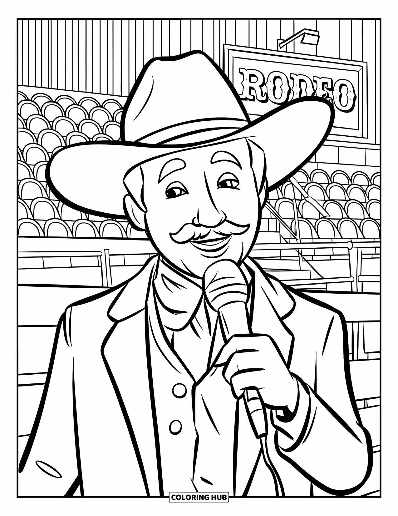 Rodeo Coloring Page for Kids: Rodeo announcer with mustache and hat on platform