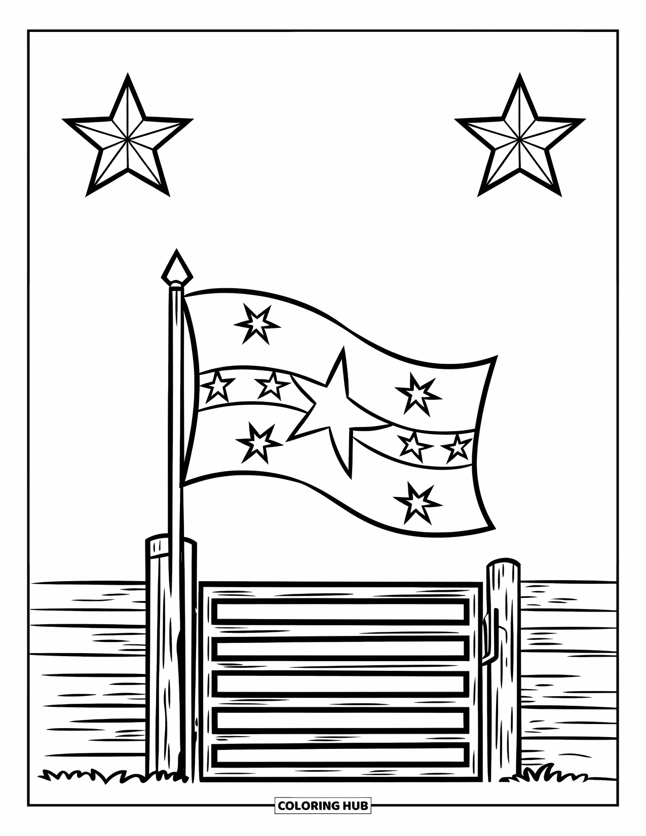 Rodeo Coloring Page for Kids: Rodeo gate with flag and stars above wooden frame