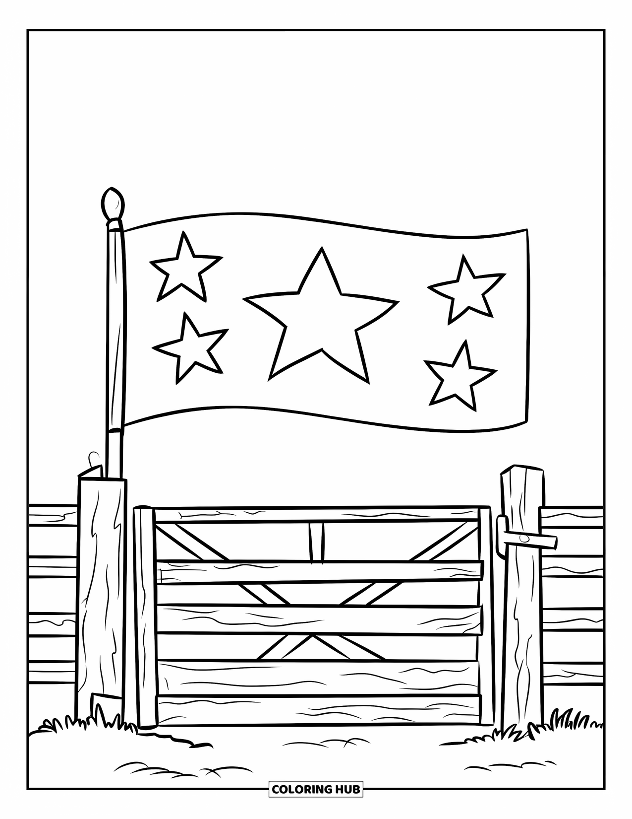 Rodeo Coloring Page for Kids: Rodeo gate with flag and stars above wooden structure