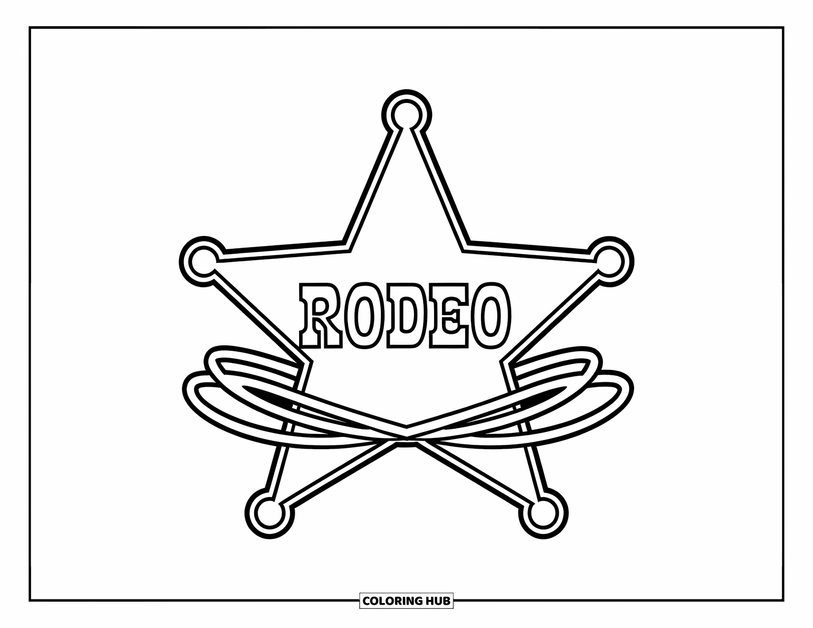 Rodeo Coloring Page for Kids: Sheriff star labeled "RODEO" with lassos crossed beneath