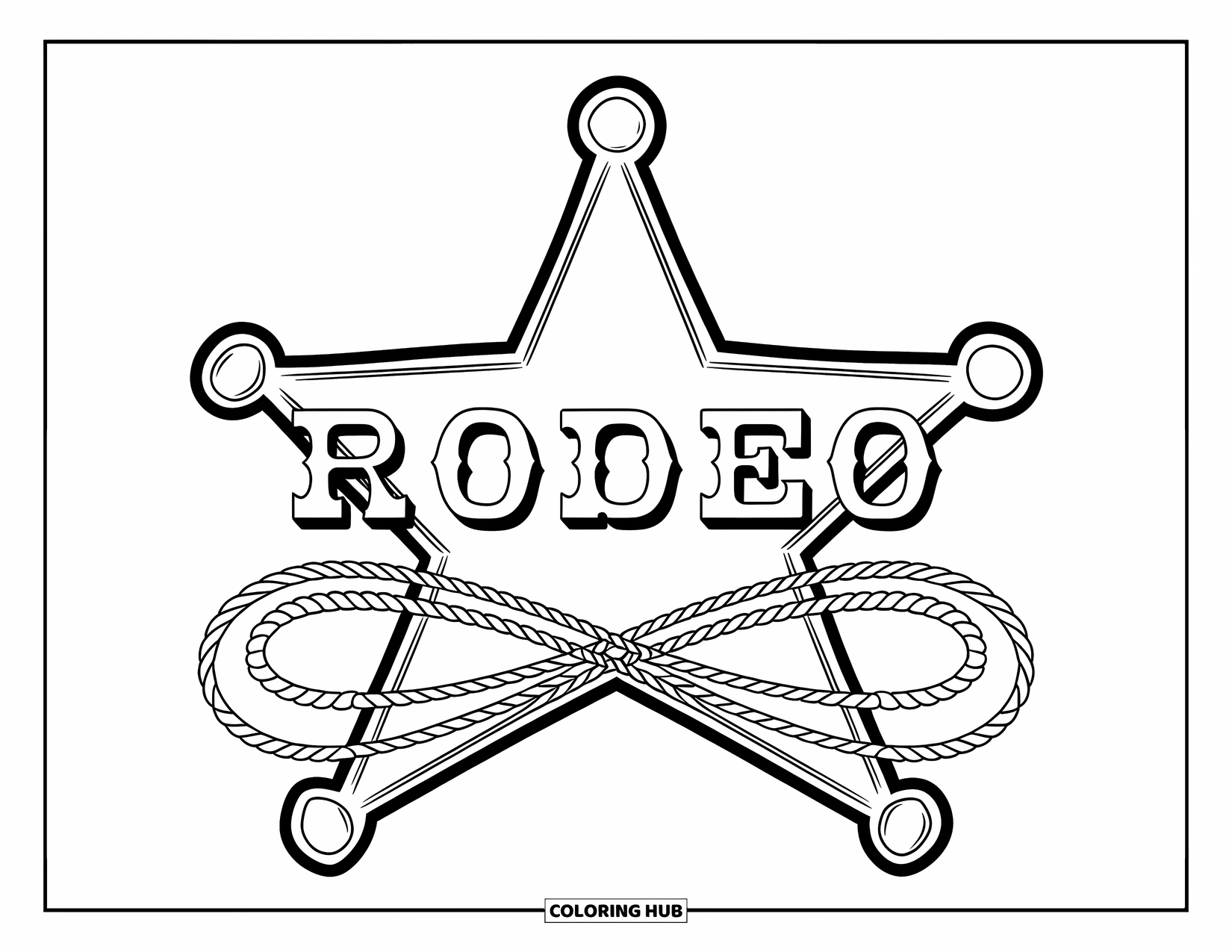 Rodeo Coloring Page for Kids: Sheriff star labeled "RODEO" with two crossed lassos