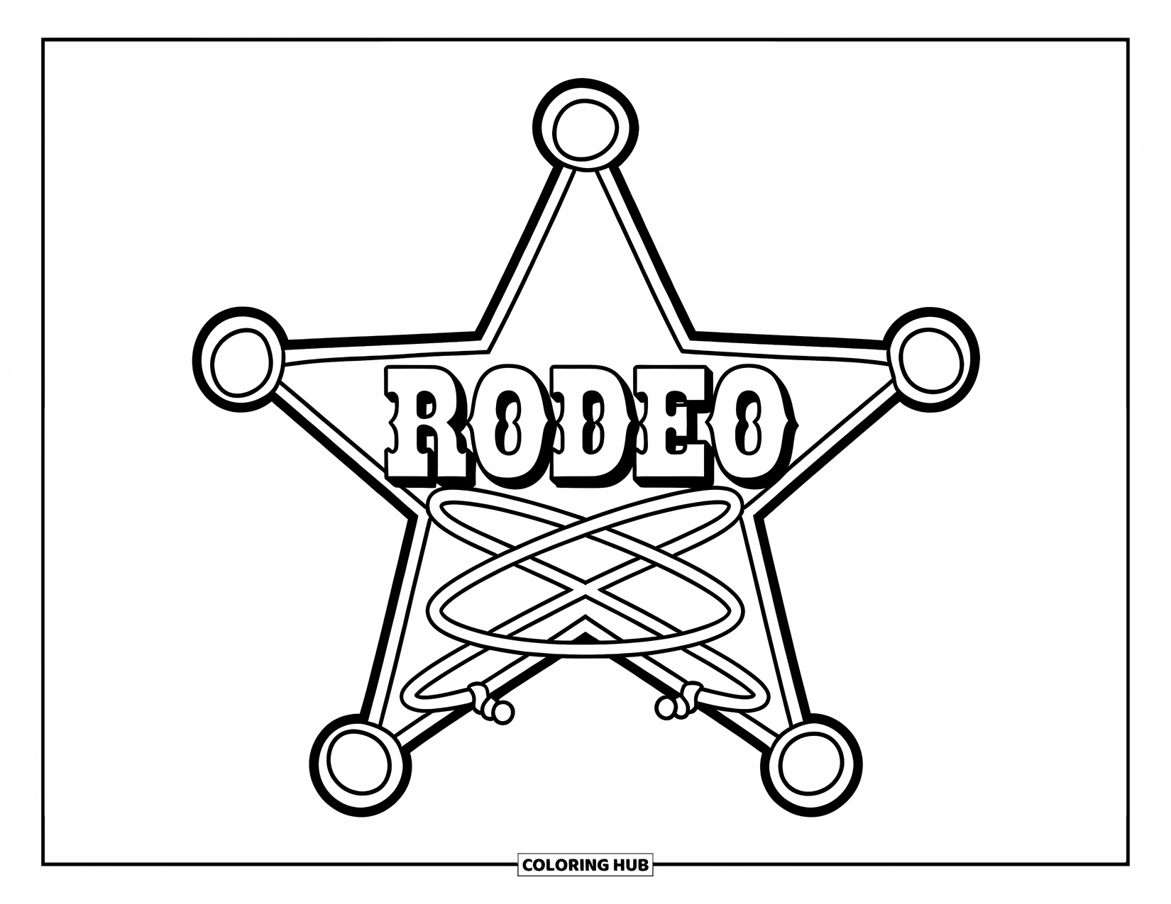 Rodeo Coloring Page for Kids: Sheriff star reading "RODEO" with two lassos crossed