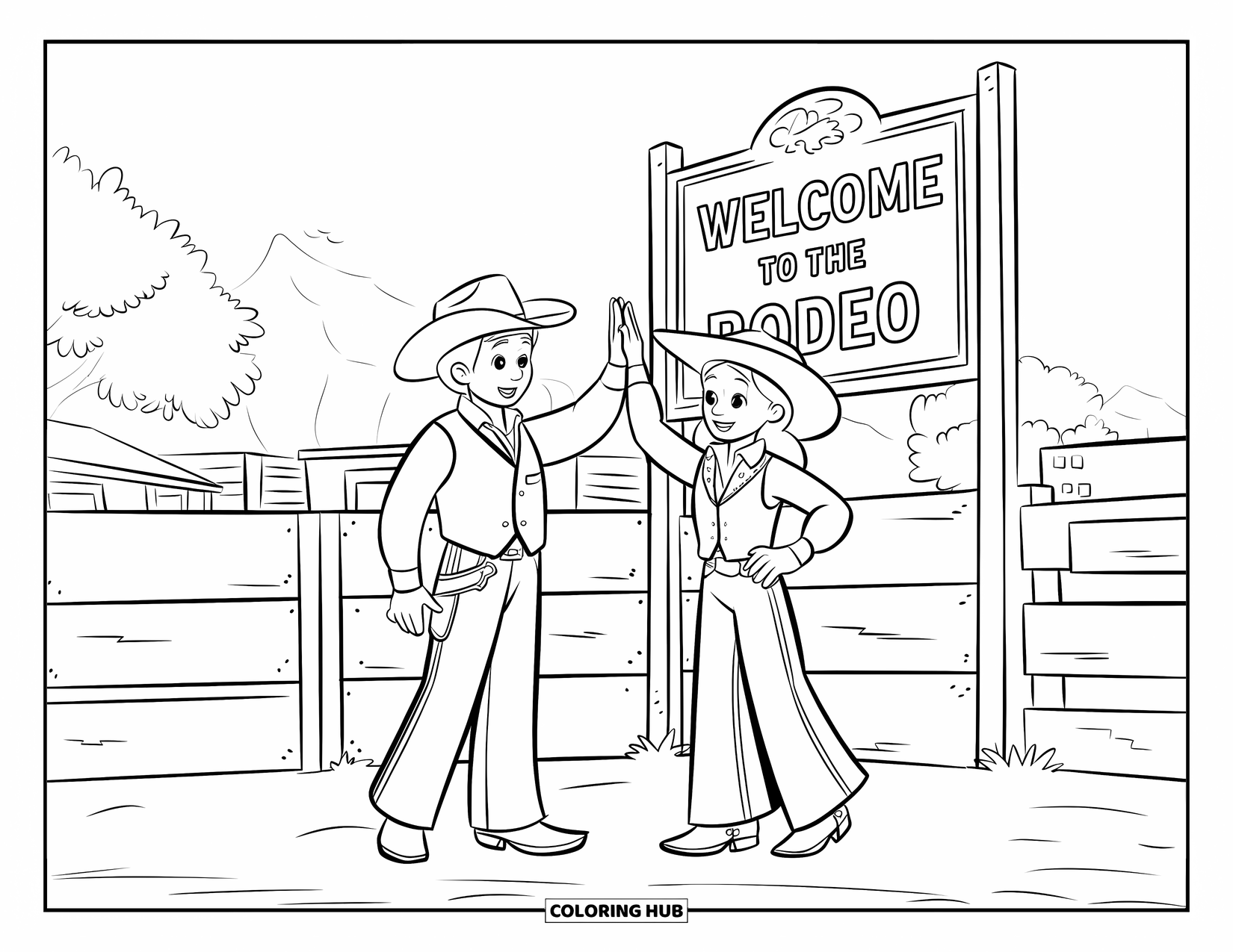 Rodeo Coloring Page for Kids: Smiling cowboy and cowgirl high-five near "Welcome to the Rodeo" sign