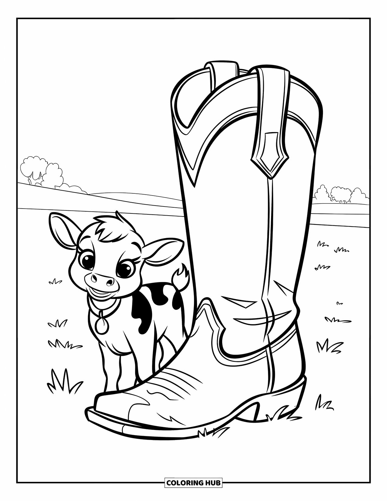 Rodeo Coloring Page for Kids: Spotted calf with collar stands near large boot outdoors