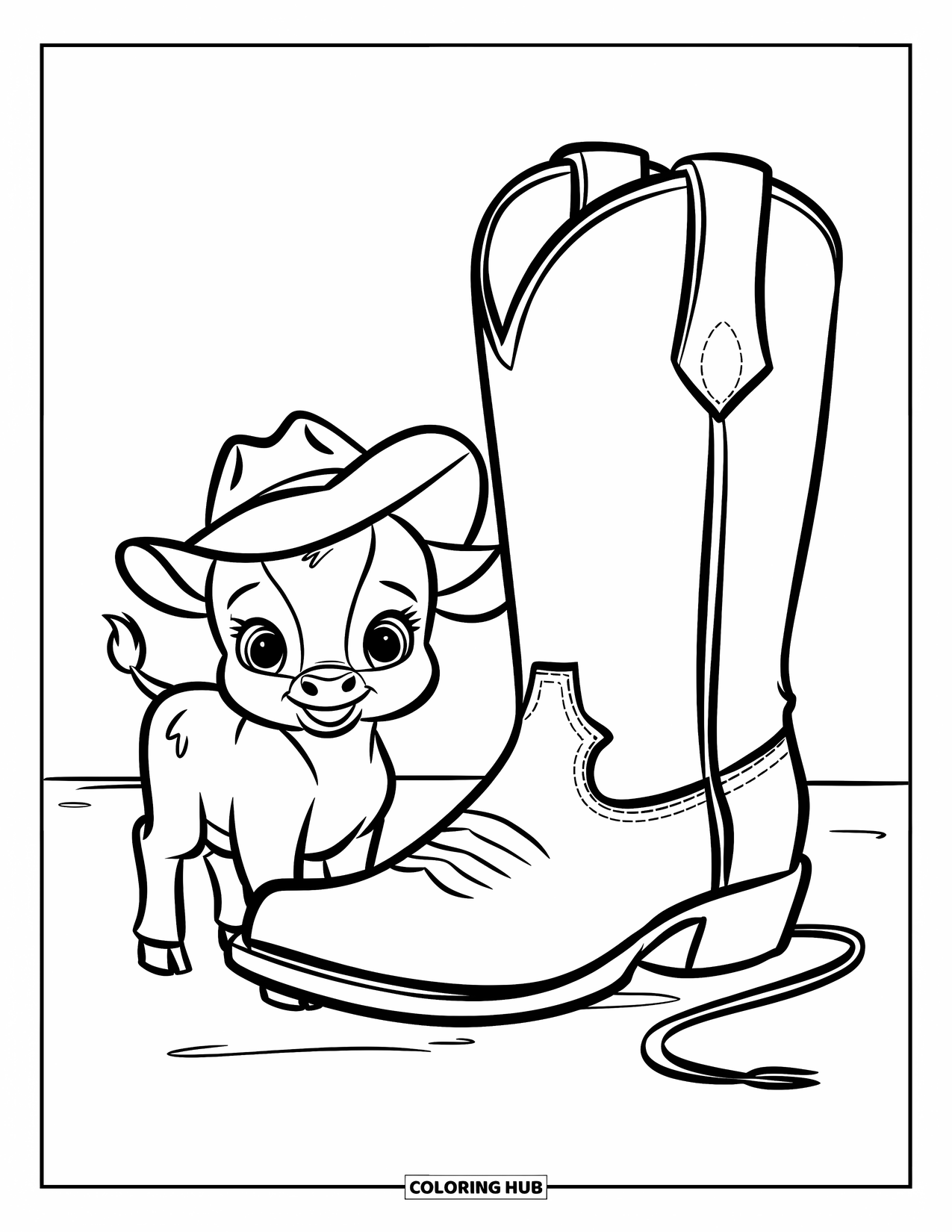 Rodeo Coloring Page for Kids: Sweet calf with small hat stands by cowboy boot