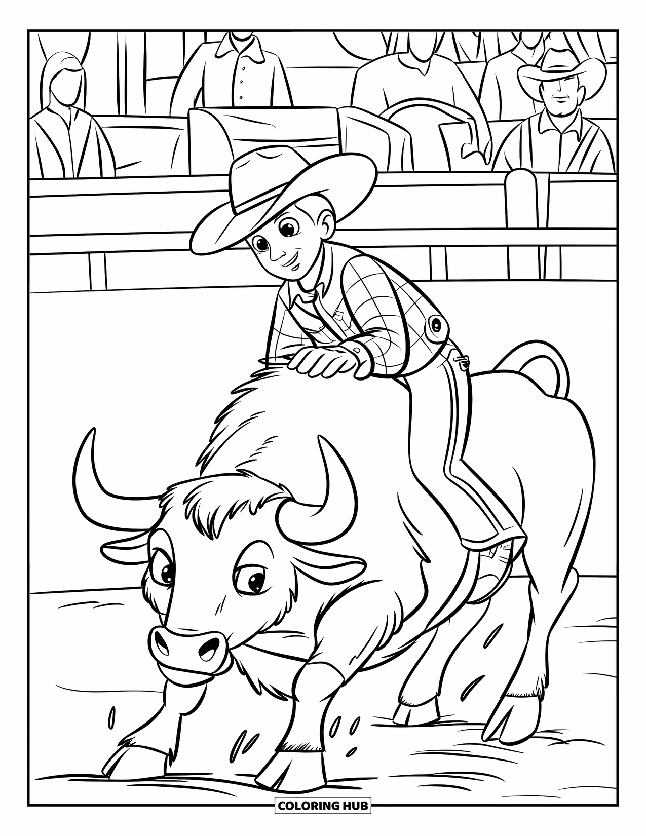 Rodeo Coloring Page for Kids: Teen cowboy gripping a bucking bull in a dusty rodeo scene