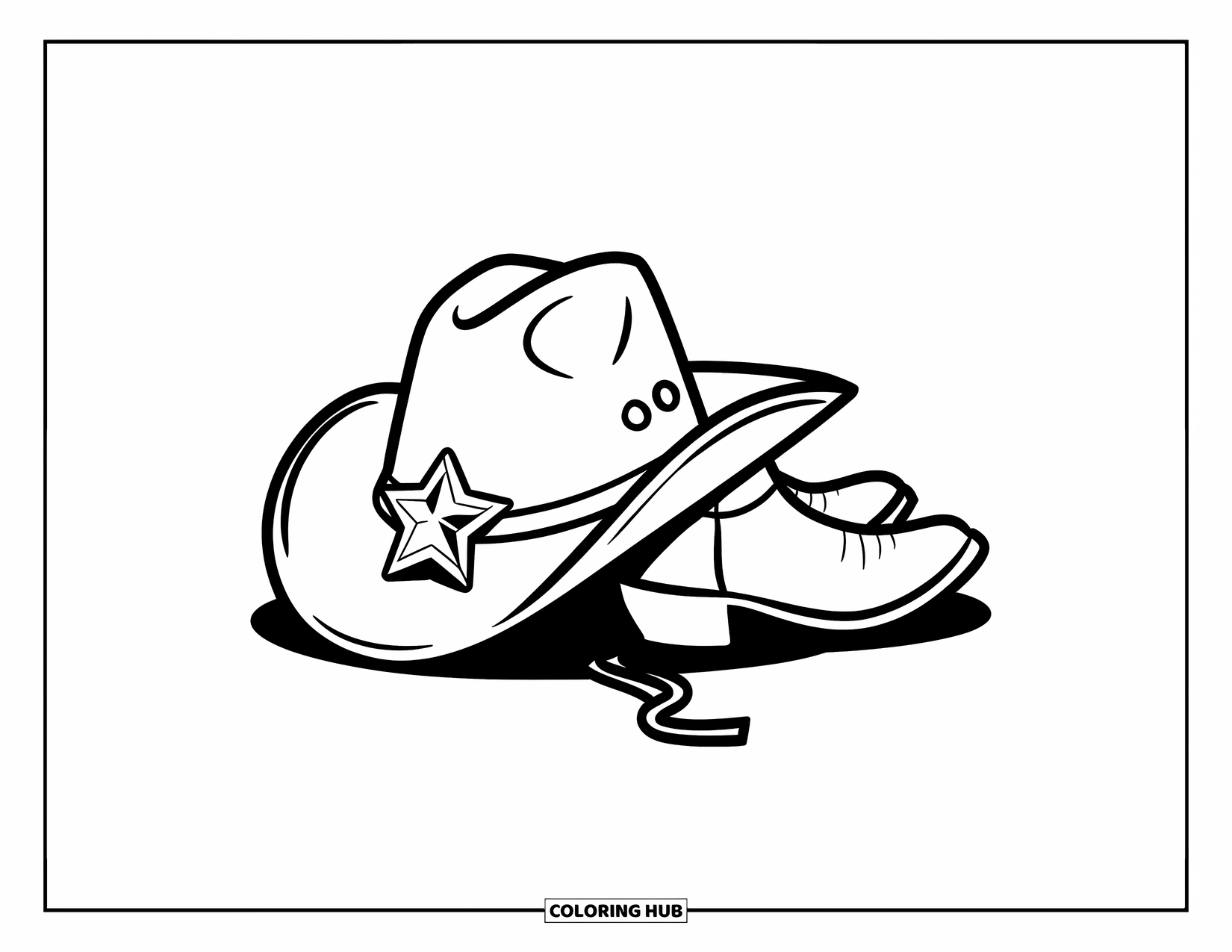 Rodeo Coloring Page for Kids: Tilted cowboy hat with badge and boots set nearby