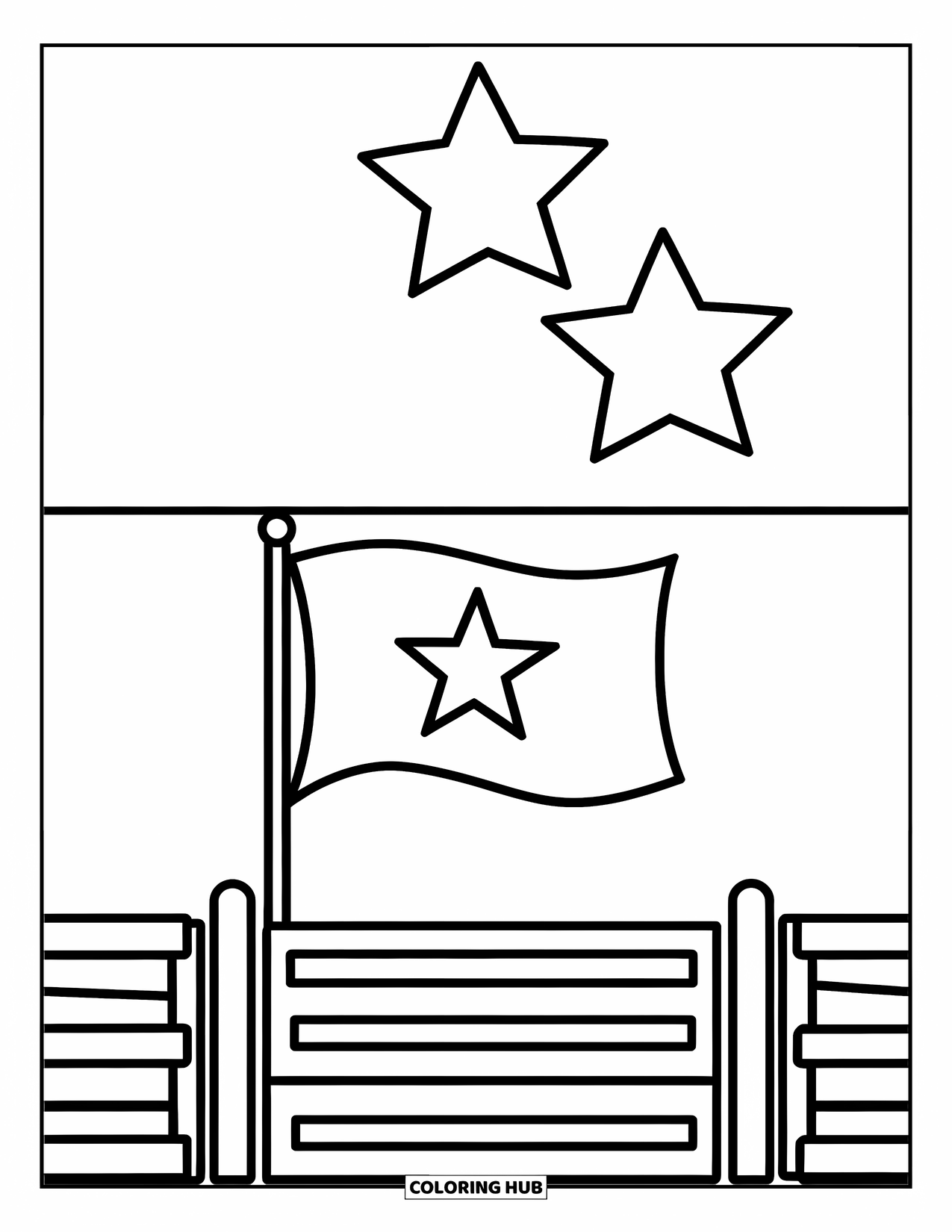 Rodeo Coloring Page for Kids: Wooden rodeo gate topped with flag and stars