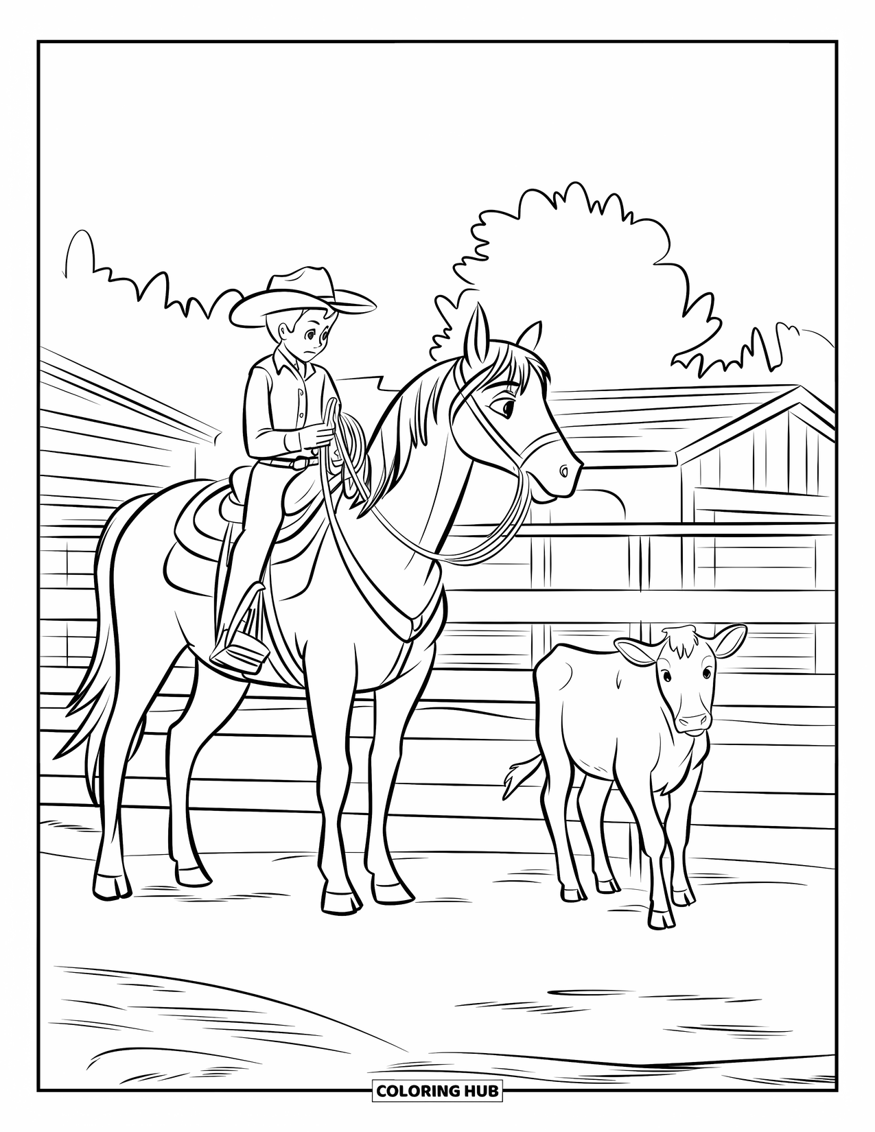 Rodeo Coloring Page for Kids: Young rider on horseback holds rope near calf in fenced pen