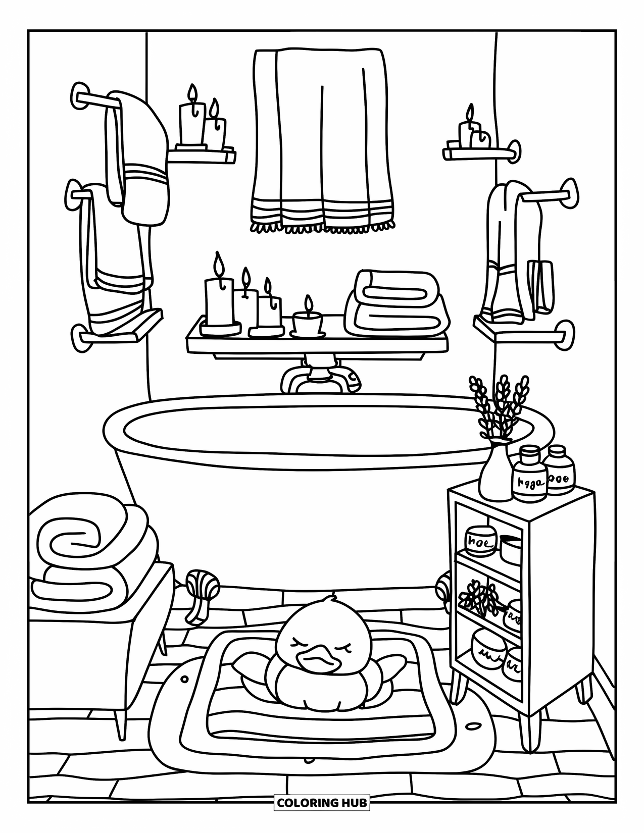 Room Coloring Page for Adults: Bathroom with oval tub, candles, towels, and a sleepy duck on a mat