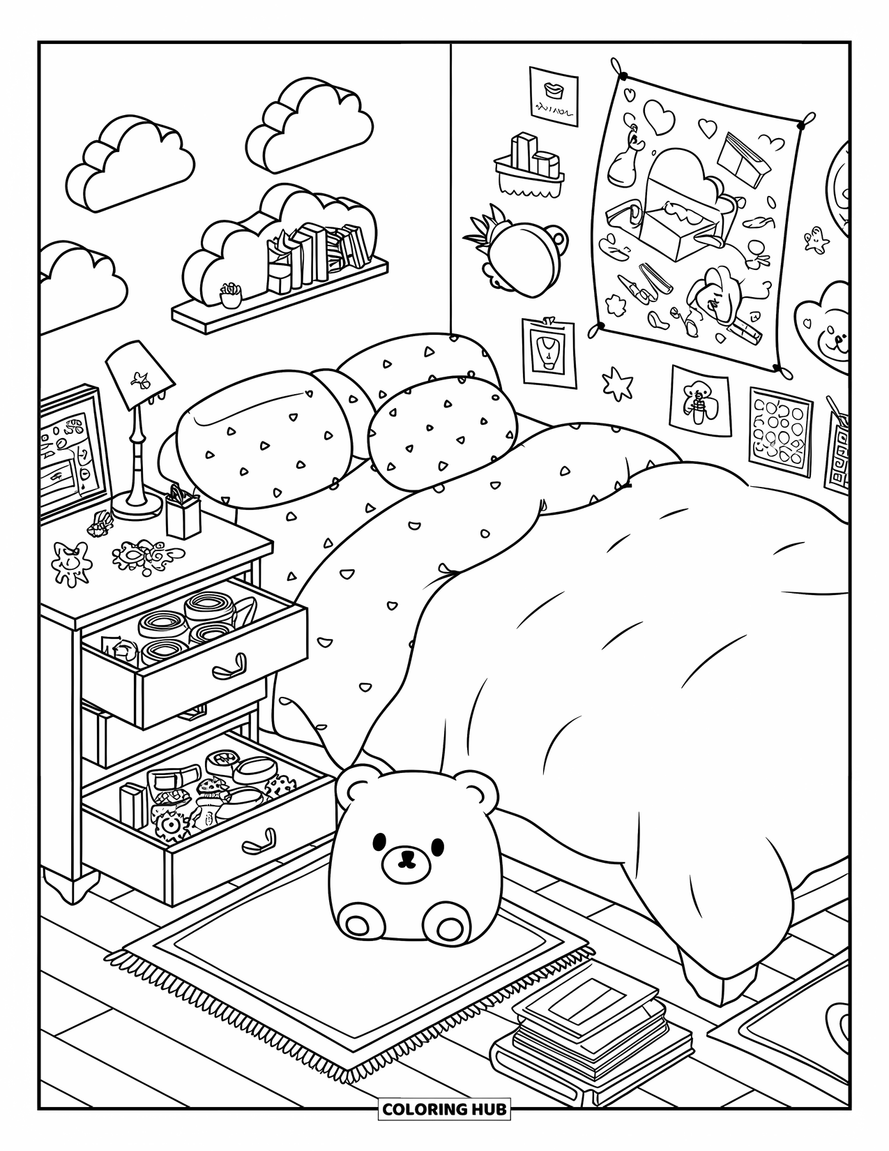 Room Coloring Page for Adults: Bedroom with tapes, stamps, plush bear, books, lamp, and a tiny plant