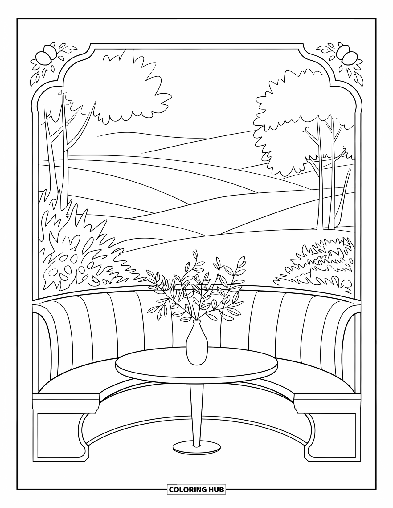 Room Coloring Page for Adults: Breakfast nook with curved bench, table, and a vase of leaves