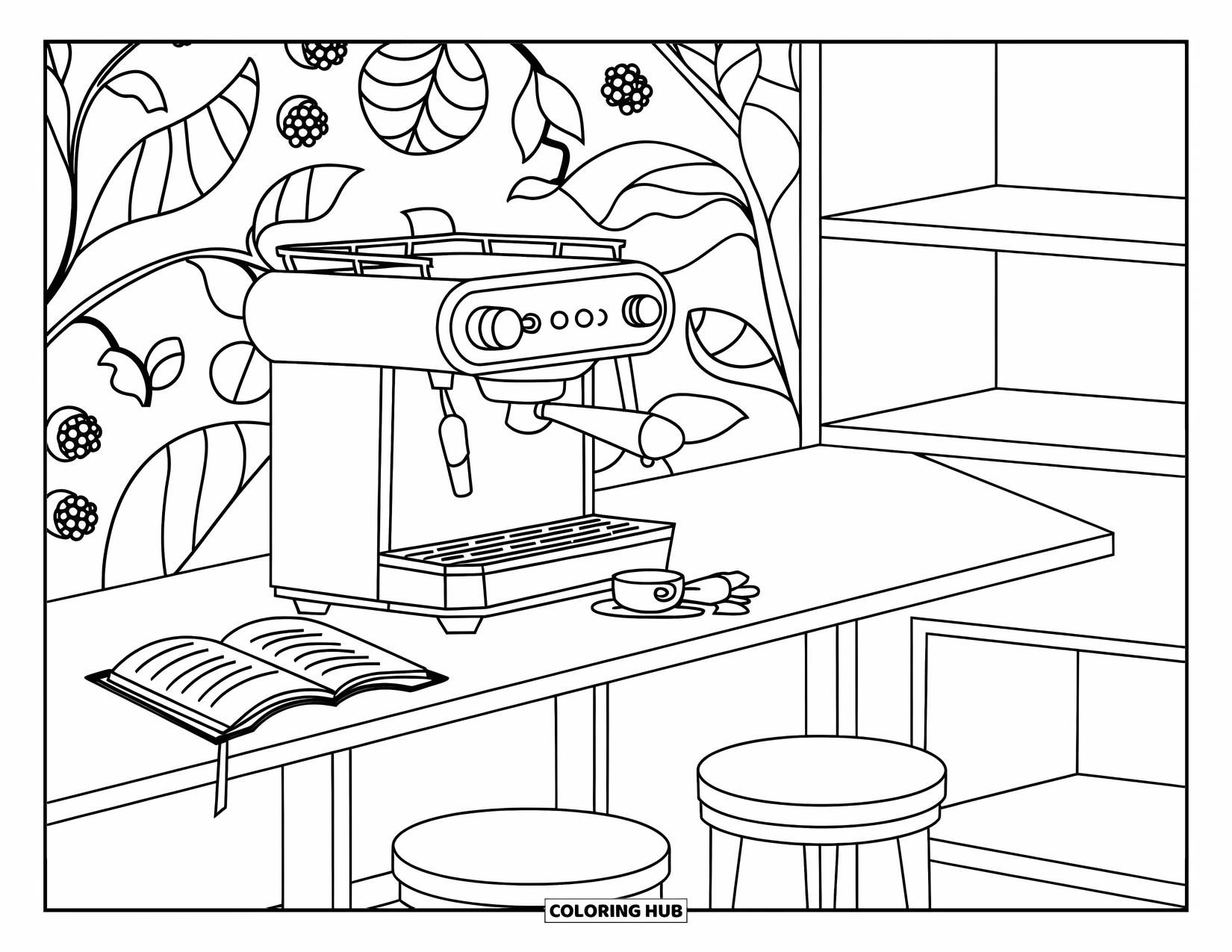 Room Coloring Page for Adults: Café setup with stools, espresso machine, recipe book, and leaf-pattern background