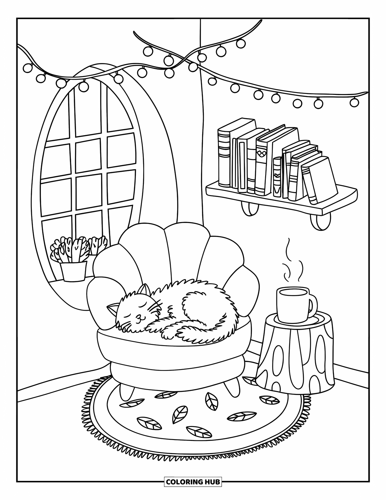 Room Coloring Page for Adults: Corner loft with soft seating, books, tea, fairy lights, and a sleeping cat