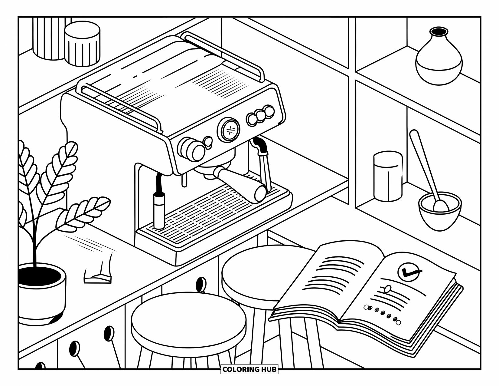 Room Coloring Page for Adults: Cozy café nook with espresso setup, journal, small vase, and a spoon
