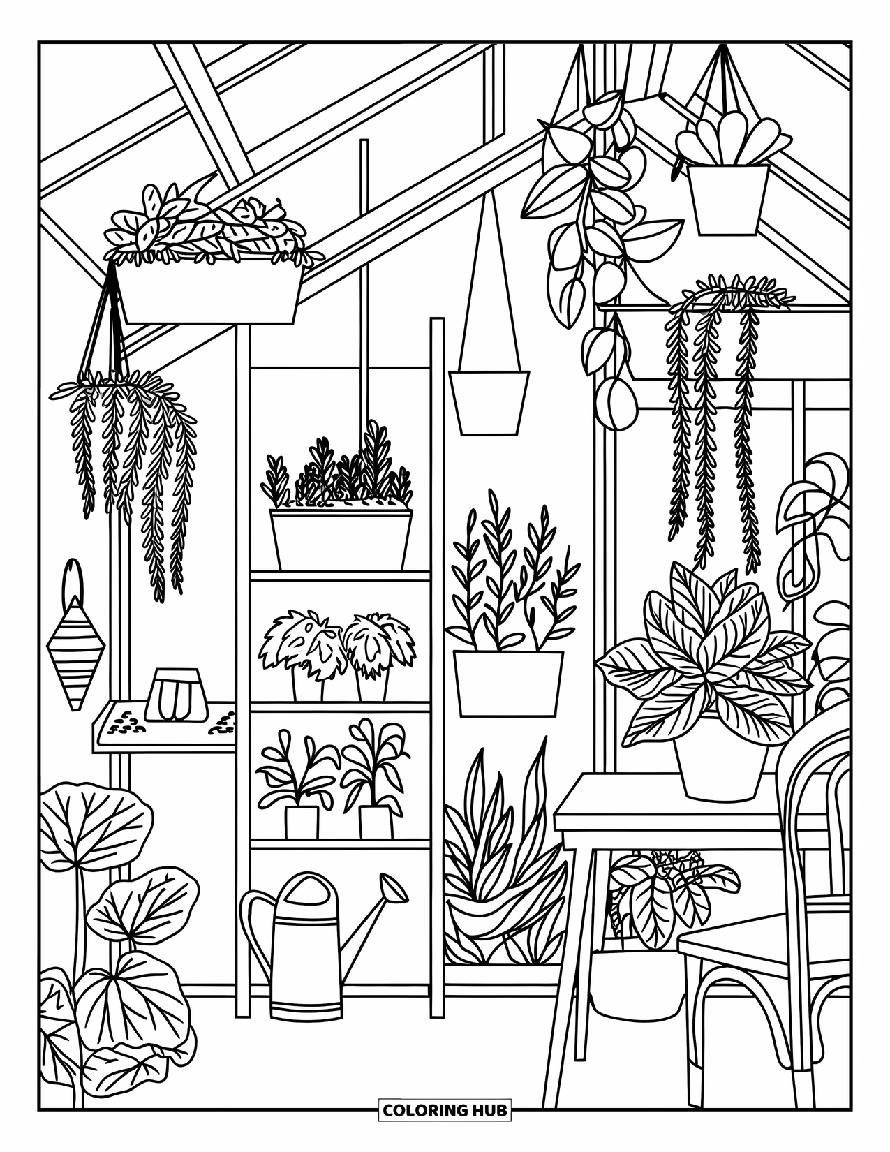Room Coloring Page for Adults: Cozy plant room with table, chair, watering can, and decorative wall items