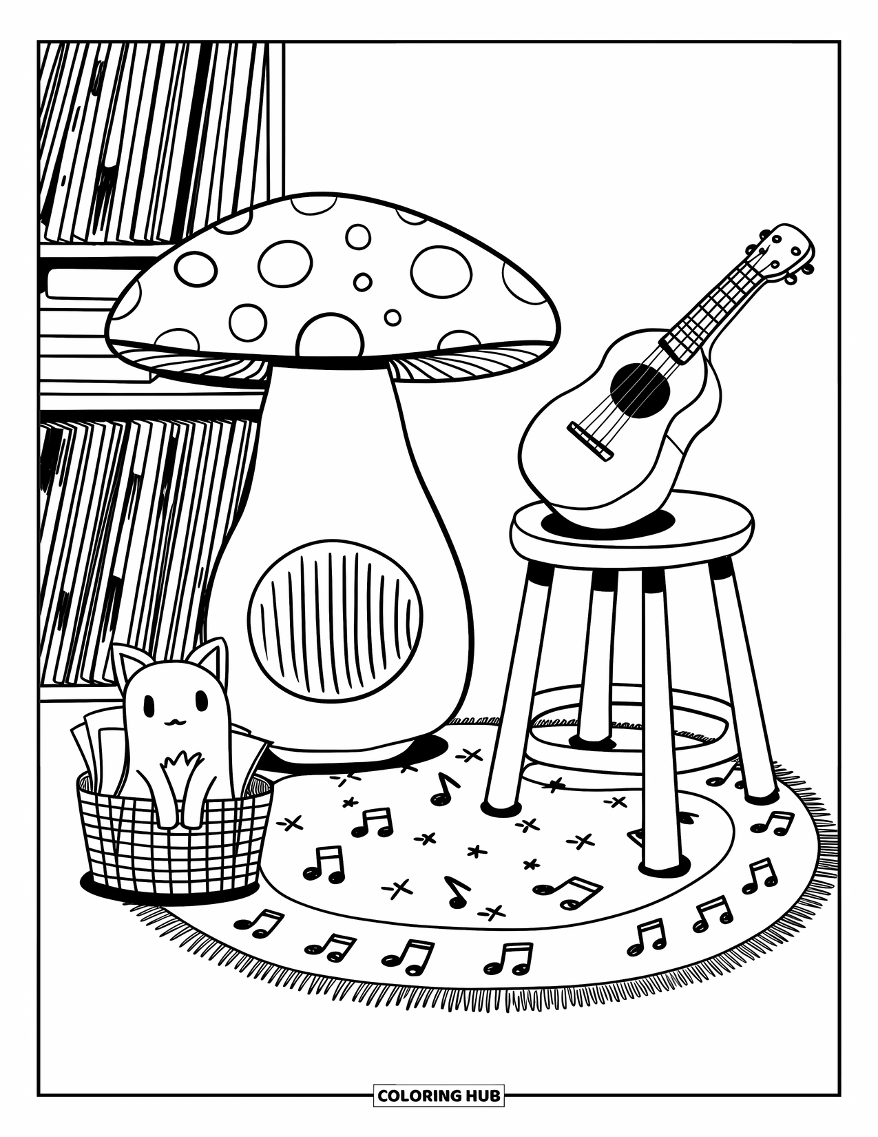 Room Coloring Page for Adults: Cute corner with mushroom speaker, fox plush, ukulele, and music notes