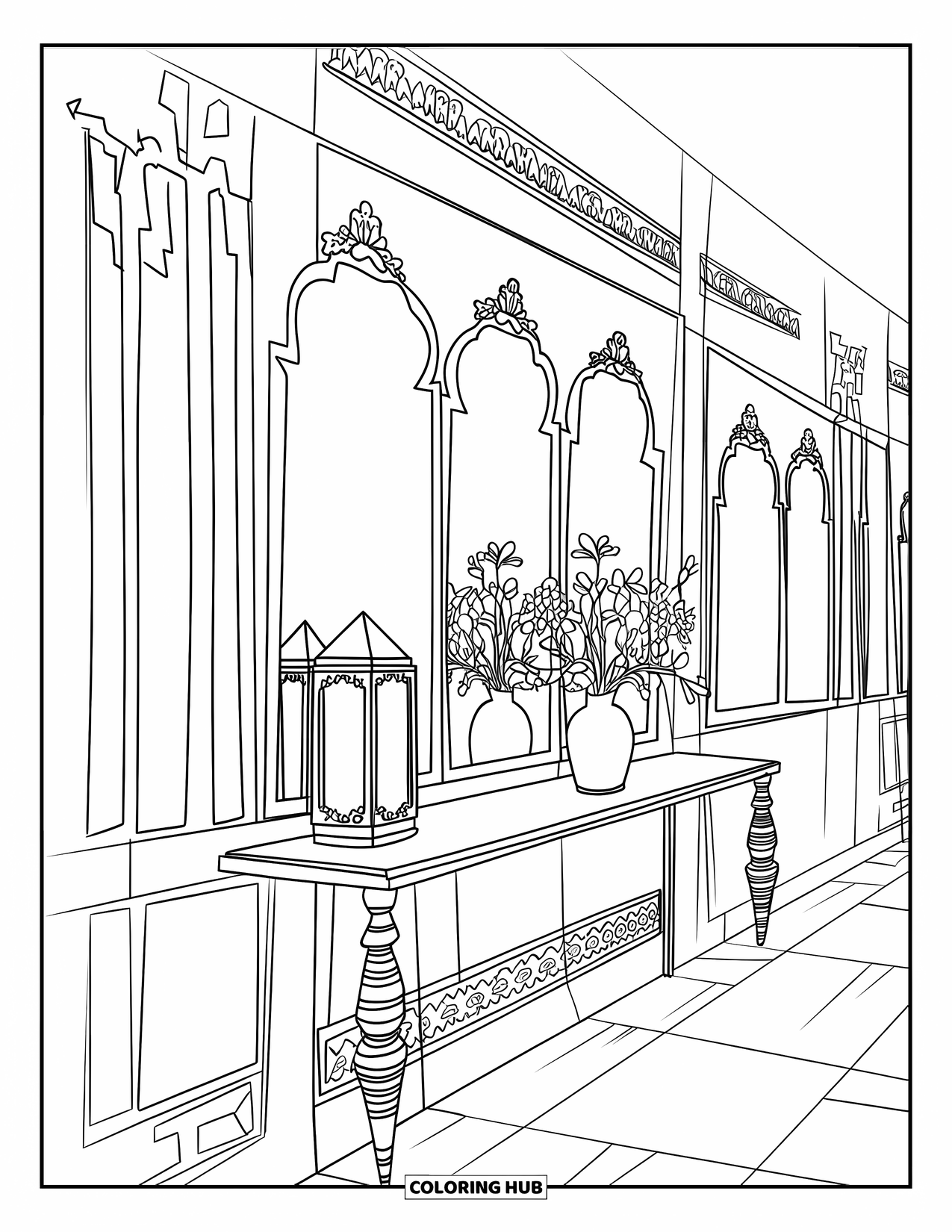 Room Coloring Page for Adults: Mirrored hallway with tile floor, flower vase, lantern lamp, and patterned walls