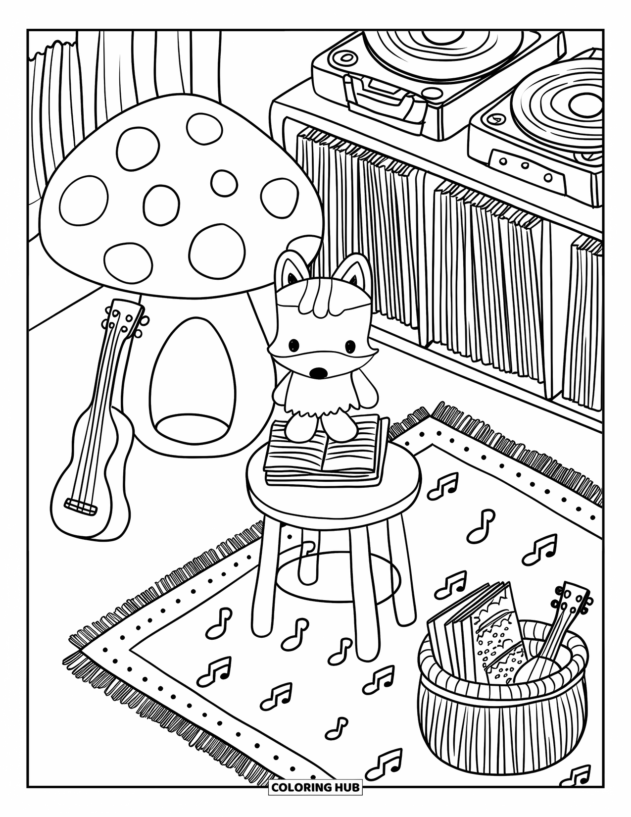 Room Coloring Page for Adults: Music corner with ukulele, mushroom speaker, and a chibi fox plush