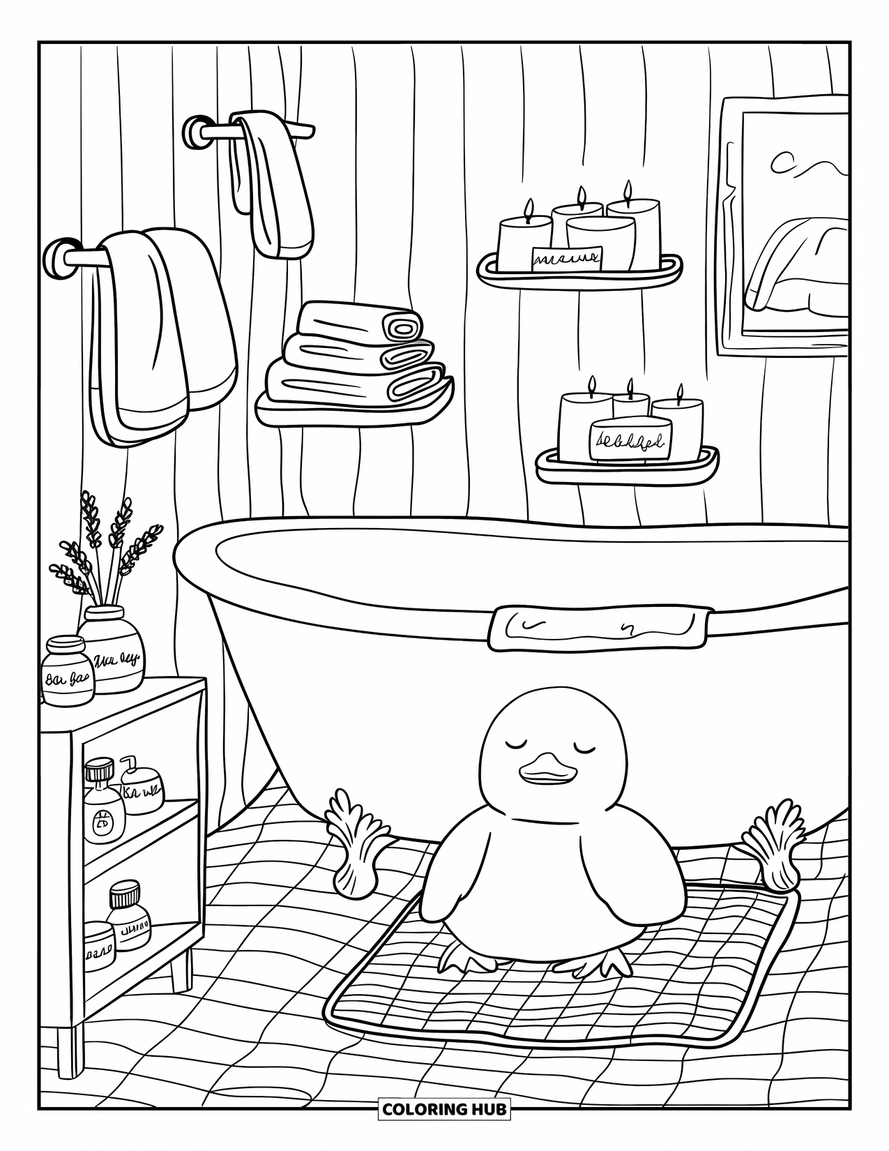 Room Coloring Page for Adults: Restful bath space with soft lighting, duck plush, and a tiny lavender vase