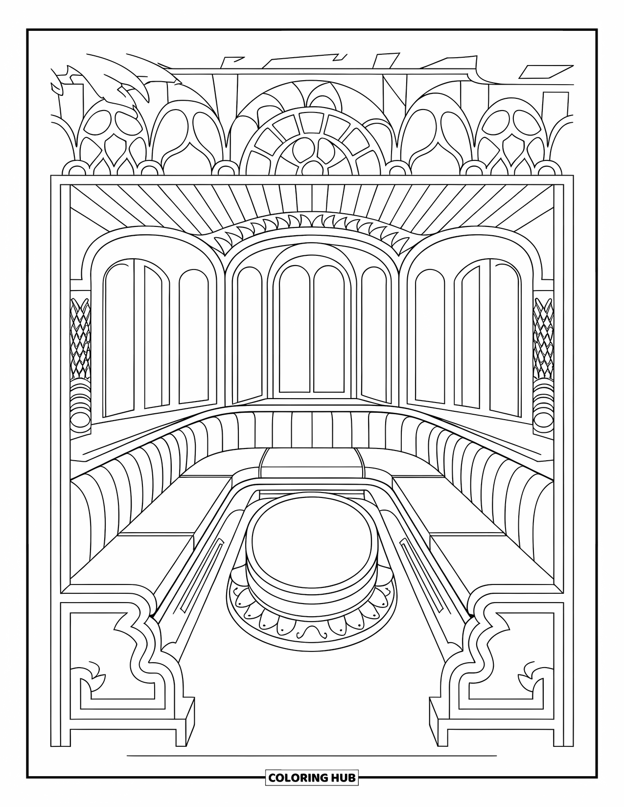 Room Coloring Page for Adults: Sunken living room with built-in seats, oval table, and arched windows