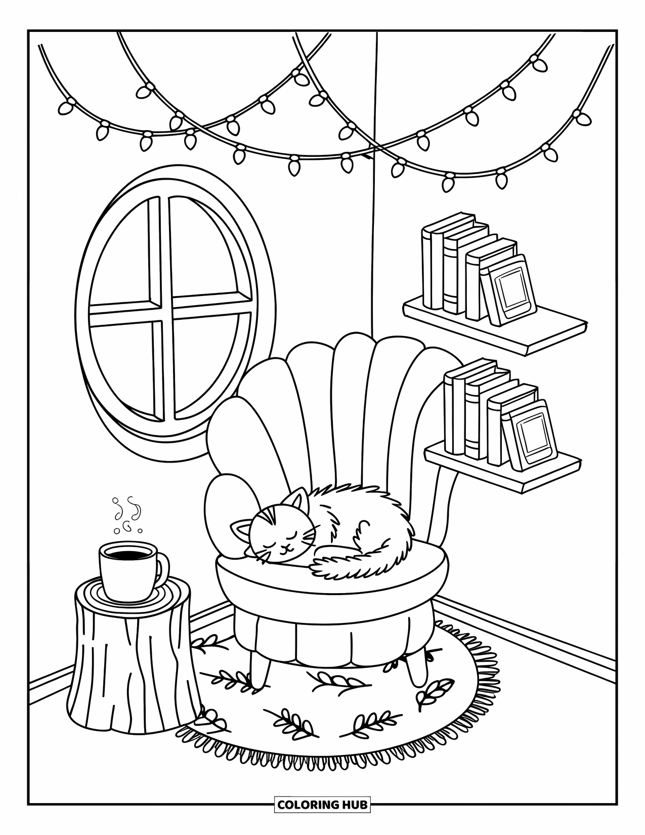 Room Coloring Page for Adults: Tiny loft with a puff chair, sleeping cat, tea mug, and leaf-patterned rug