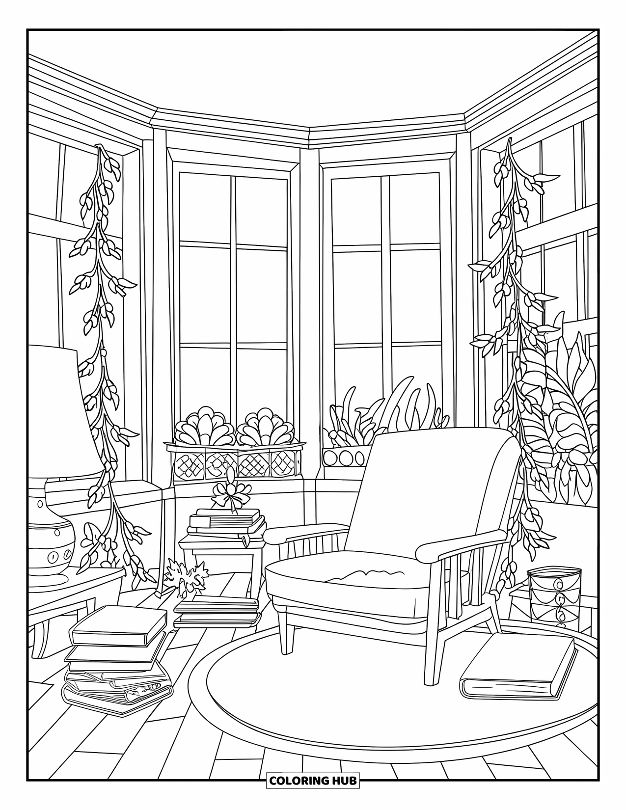 Room Coloring Page for Kids: A cozy sunroom with a comfy chair, books, low table, and big windows