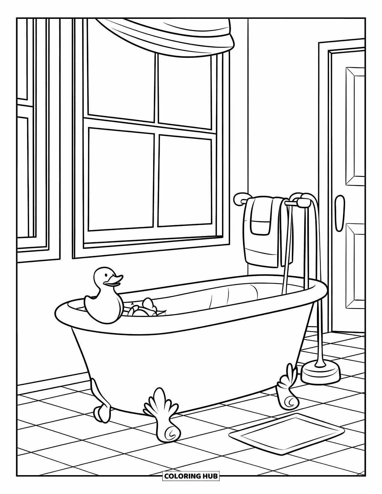 Room Coloring Page for Kids: Bathtub with a toy duck, towel rack, window, door, and tiled floor